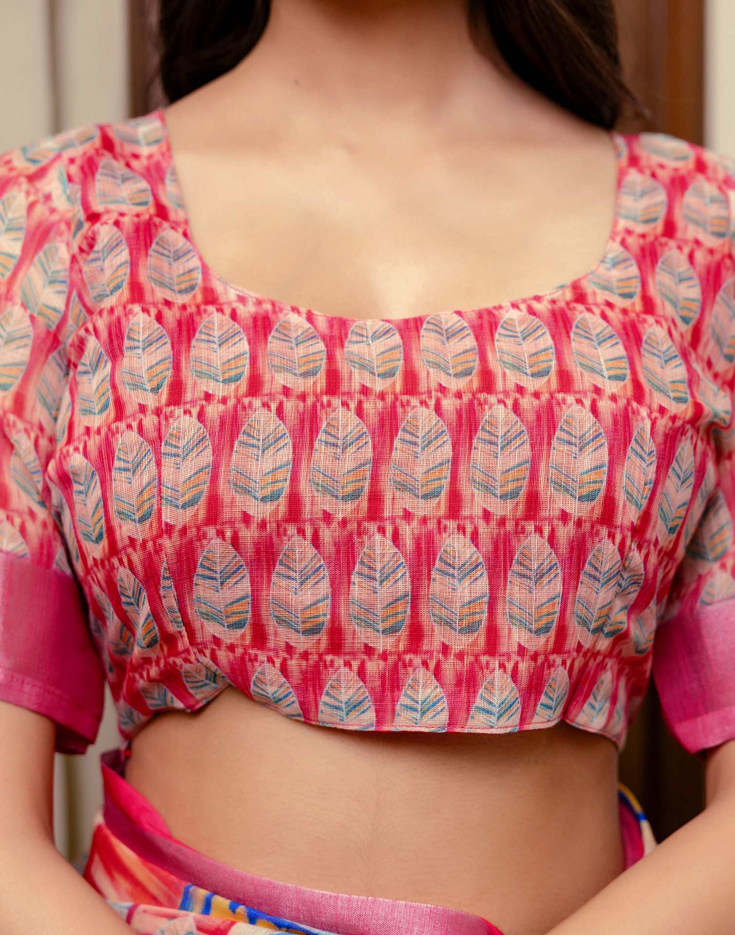 Ready To Wear Dark Pink Linen Woven Border Printed Saree - Image 14