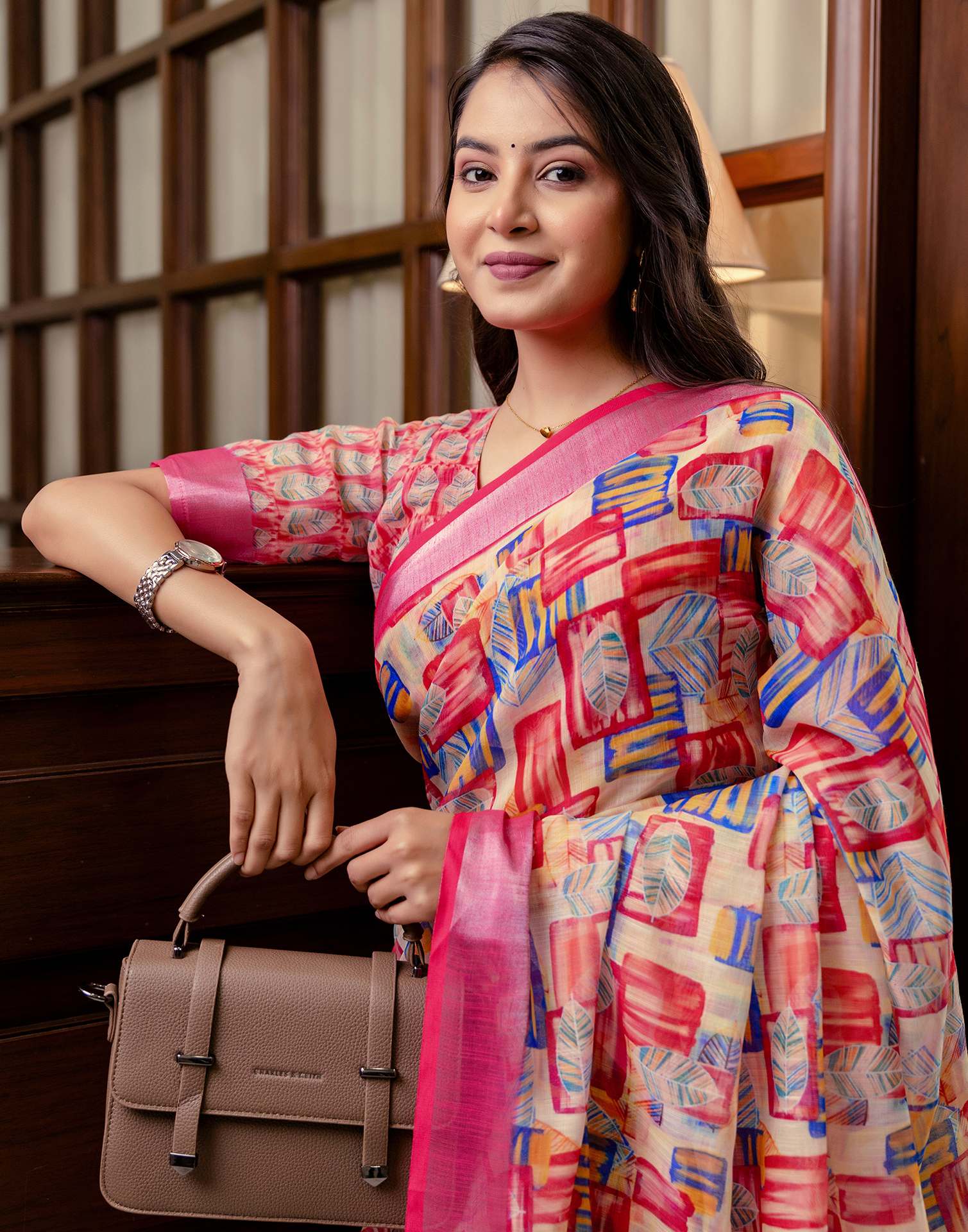 Ready To Wear Dark Pink Linen Woven Border Printed Saree - Image 4
