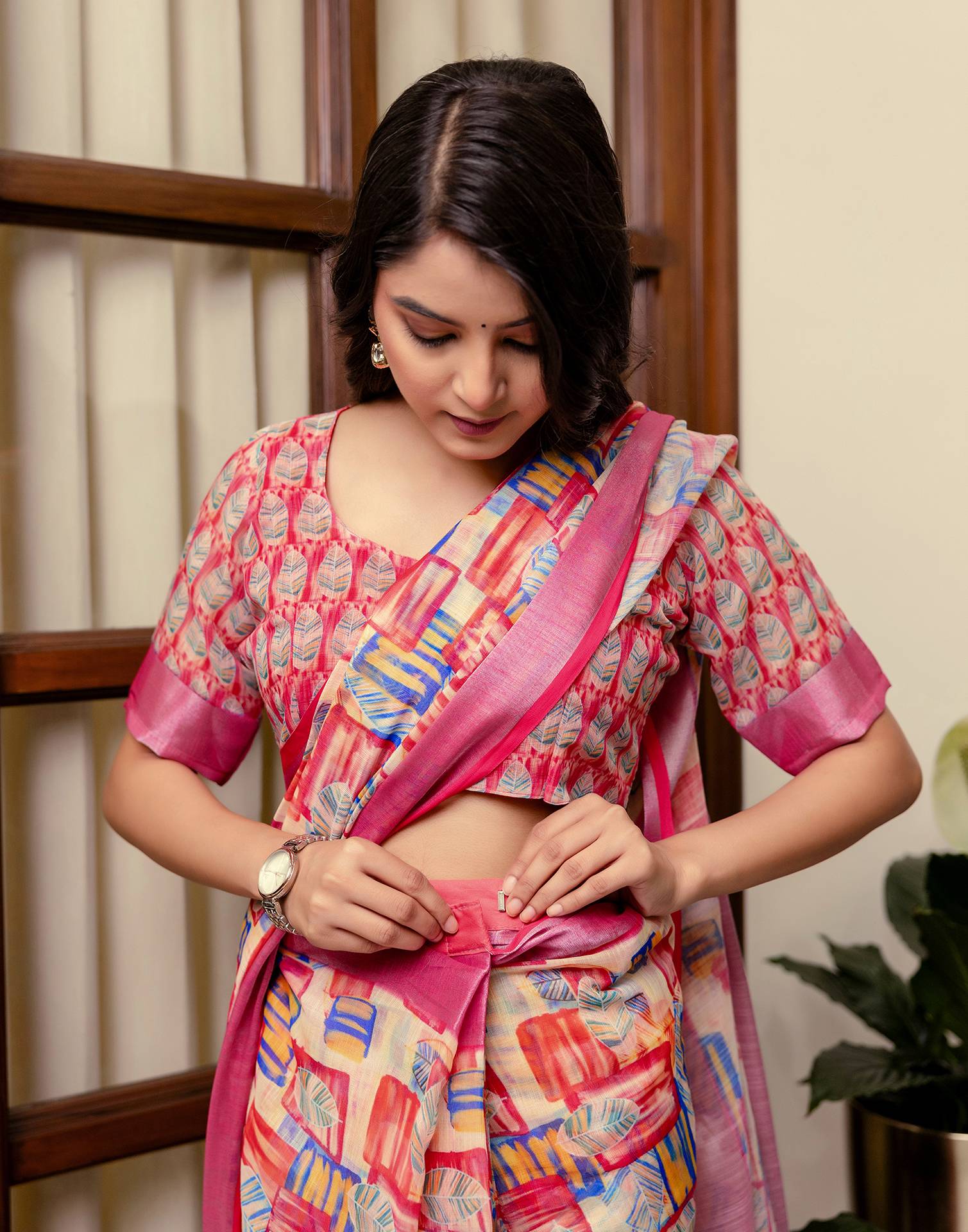 Ready To Wear Dark Pink Linen Woven Border Printed Saree - Image 6