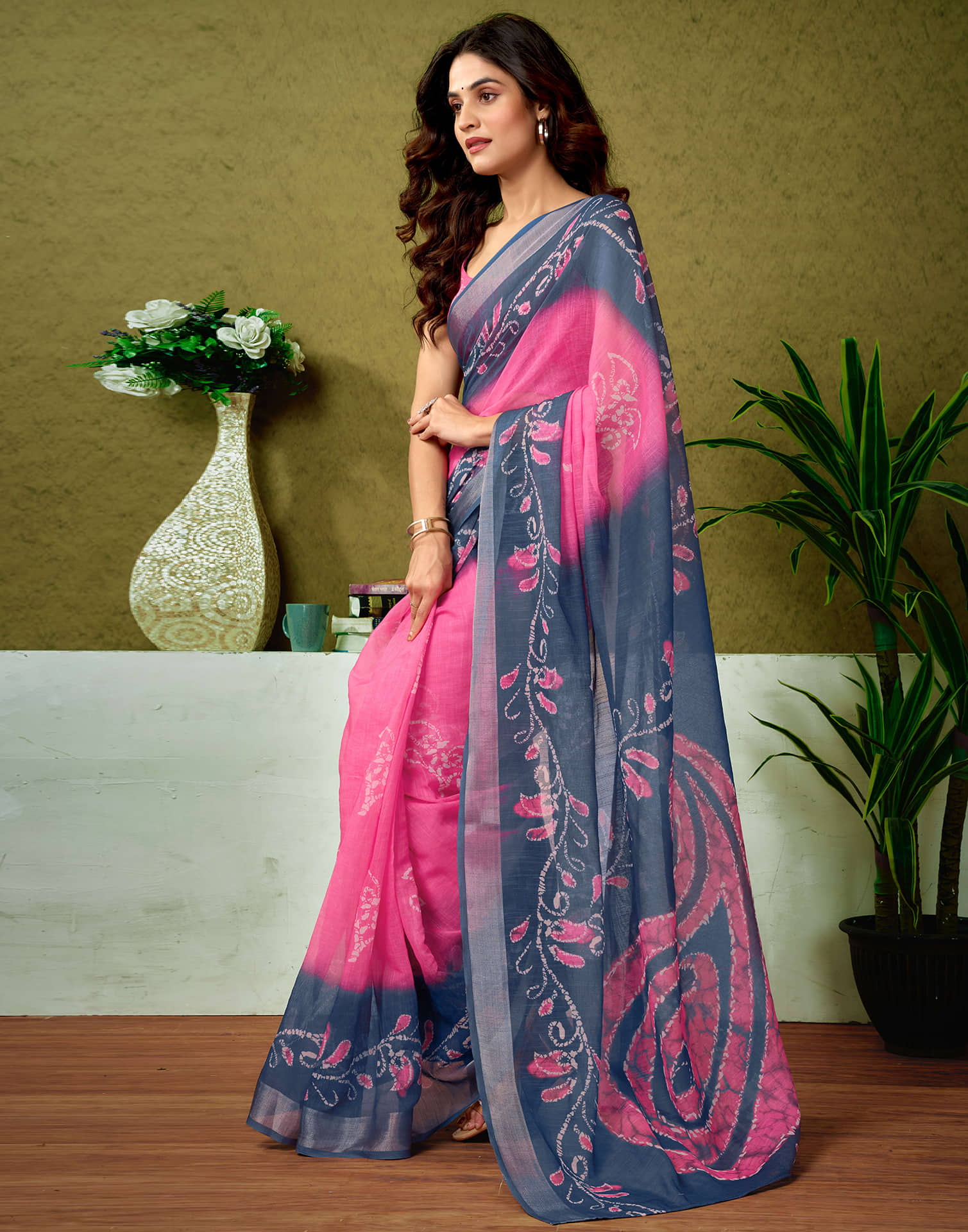 Ready To Wear Dark Pink Linen Zari Printed Saree - Image 6