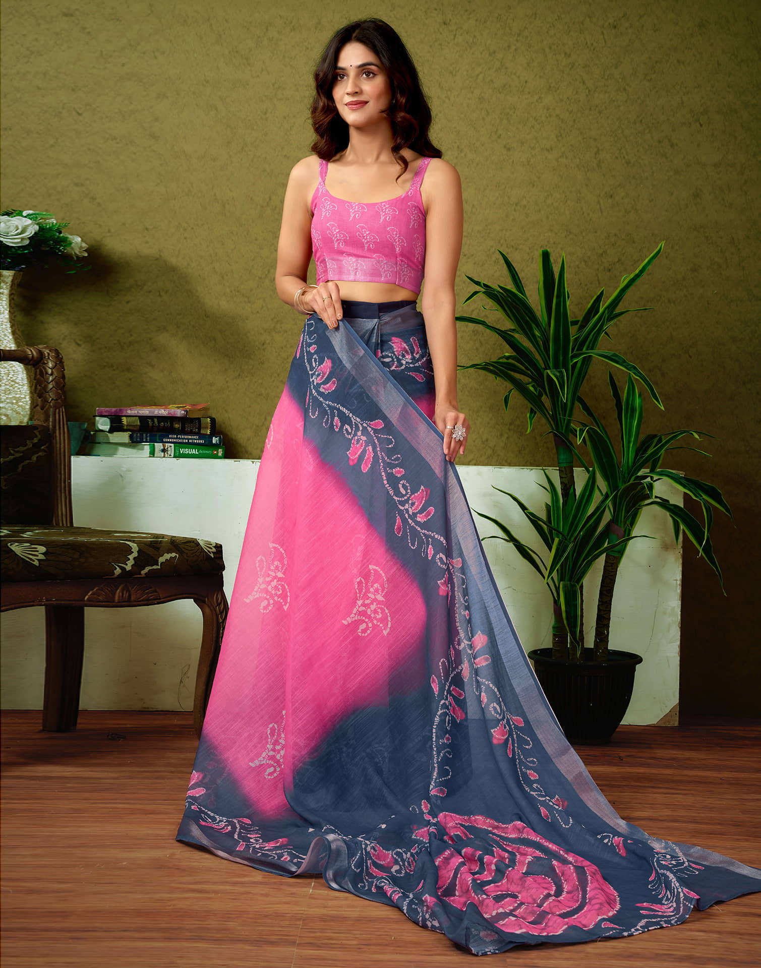Ready To Wear Dark Pink Linen Zari Printed Saree - Image 7