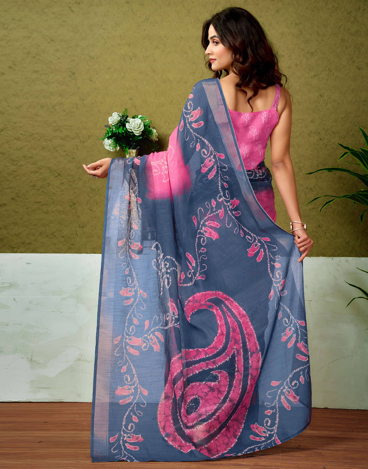 Ready To Wear Dark Pink Linen Zari Printed Saree - Image 8