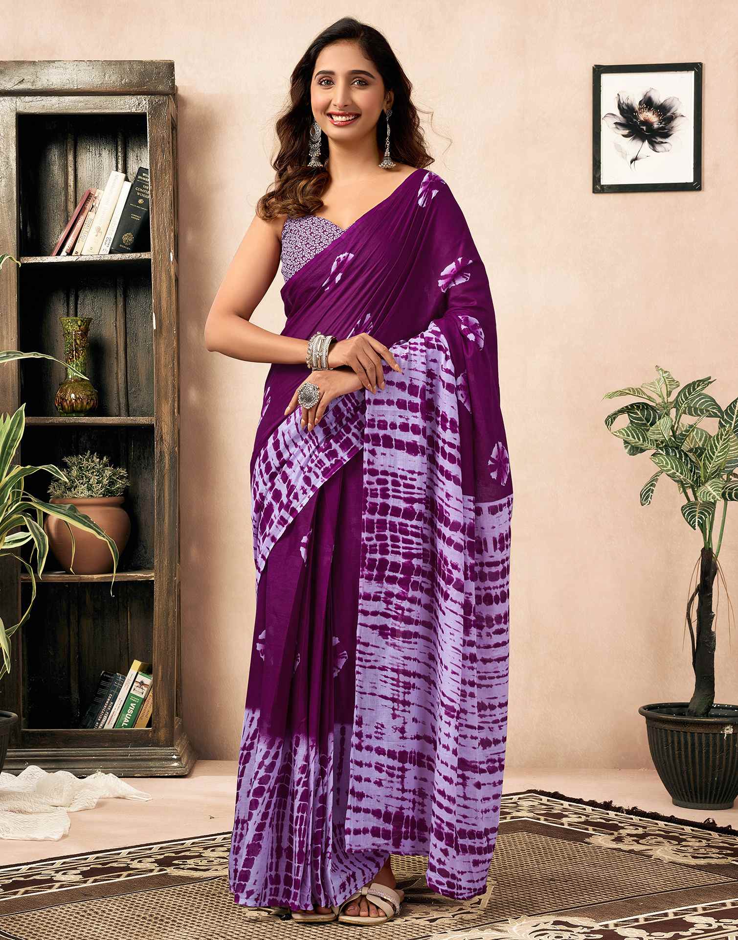 Ready To Wear Dark Purple Cotton Printed Saree With Pocket - Image 2