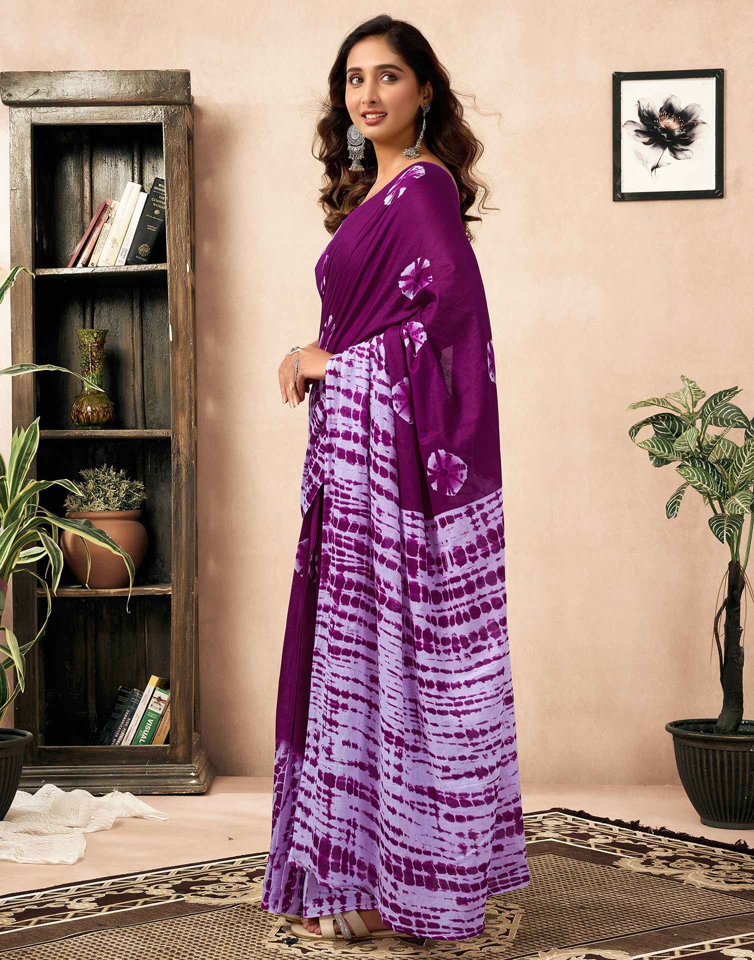 Ready To Wear Dark Purple Cotton Printed Saree With Pocket - Image 5