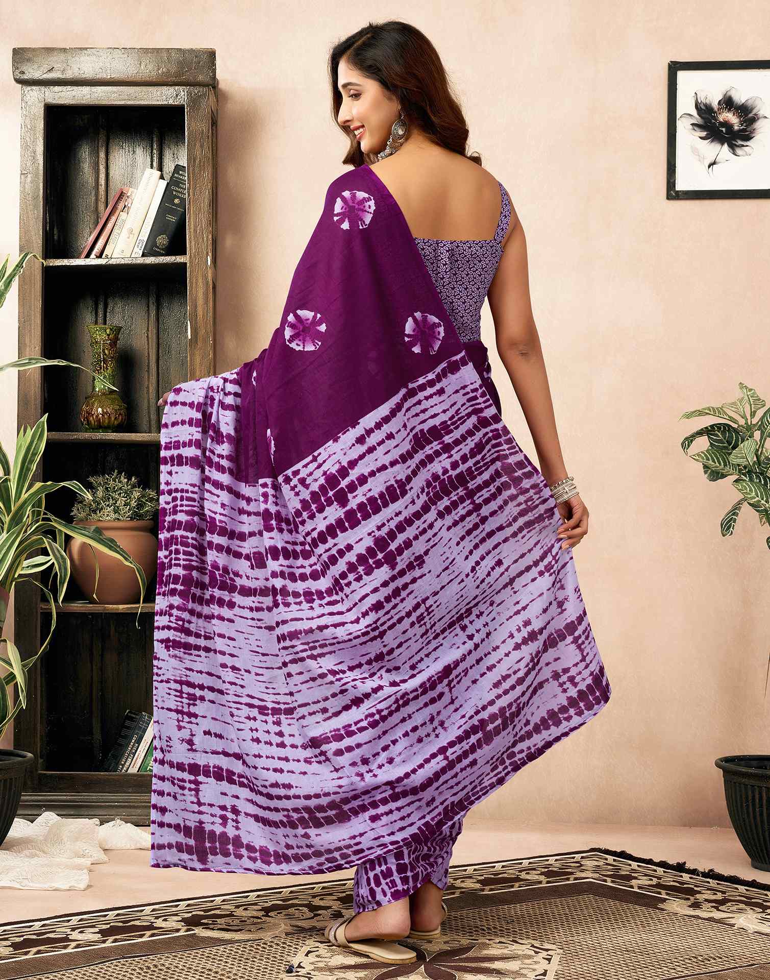 Ready To Wear Dark Purple Cotton Printed Saree With Pocket - Image 7