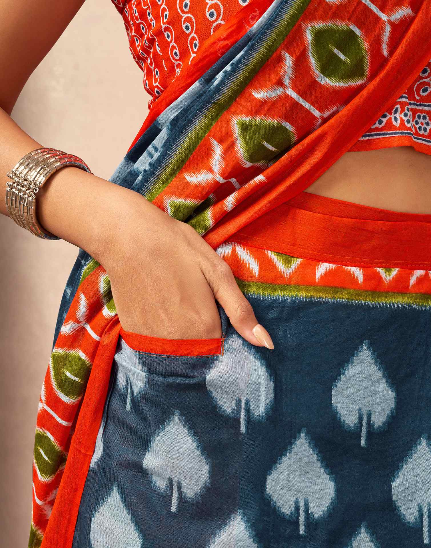 Ready To Wear Dusty Blue Cotton Printed Saree With Pocket - Image 2