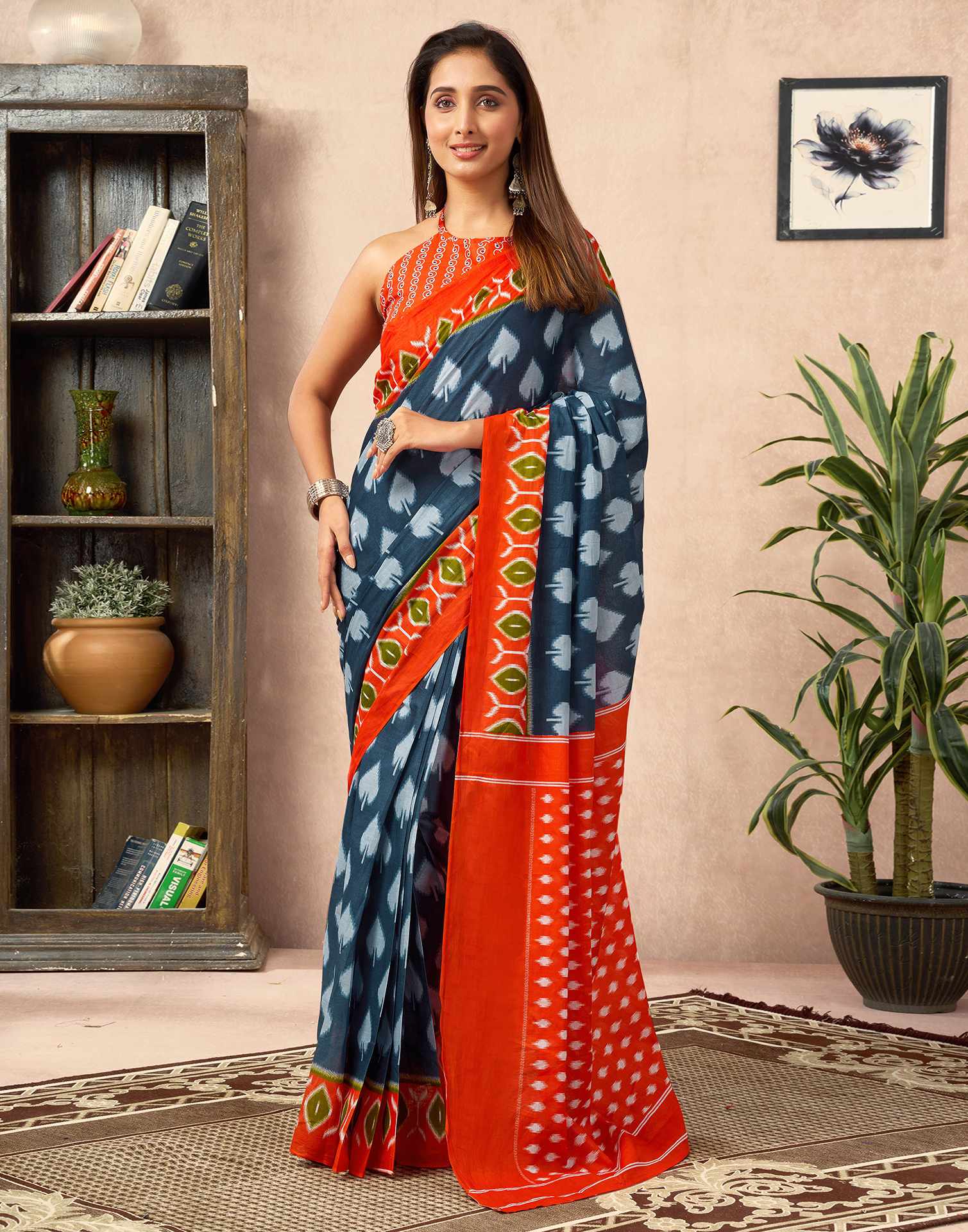 Ready To Wear Dusty Blue Cotton Printed Saree With Pocket - Image 4