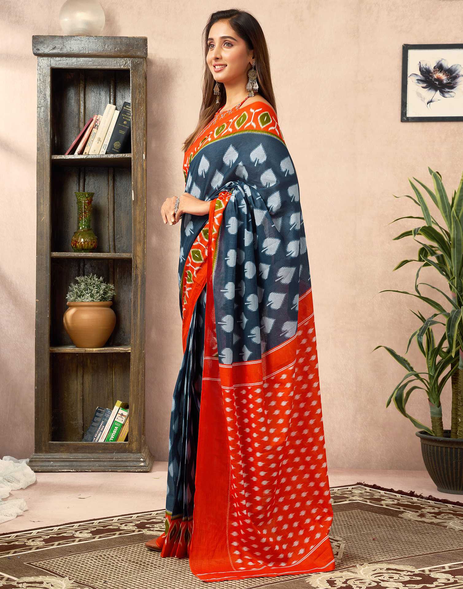 Ready To Wear Dusty Blue Cotton Printed Saree With Pocket - Image 5