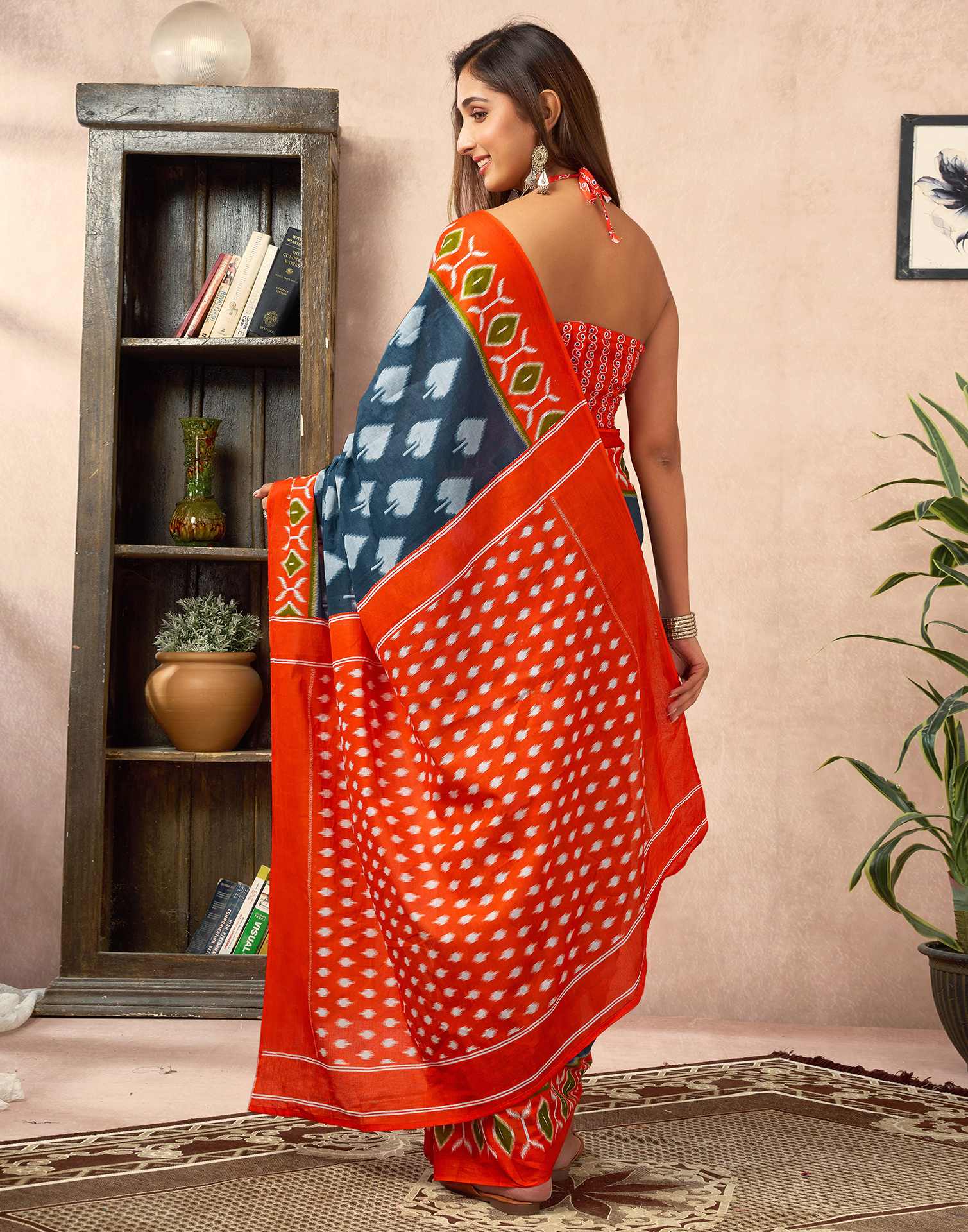 Ready To Wear Dusty Blue Cotton Printed Saree With Pocket - Image 7