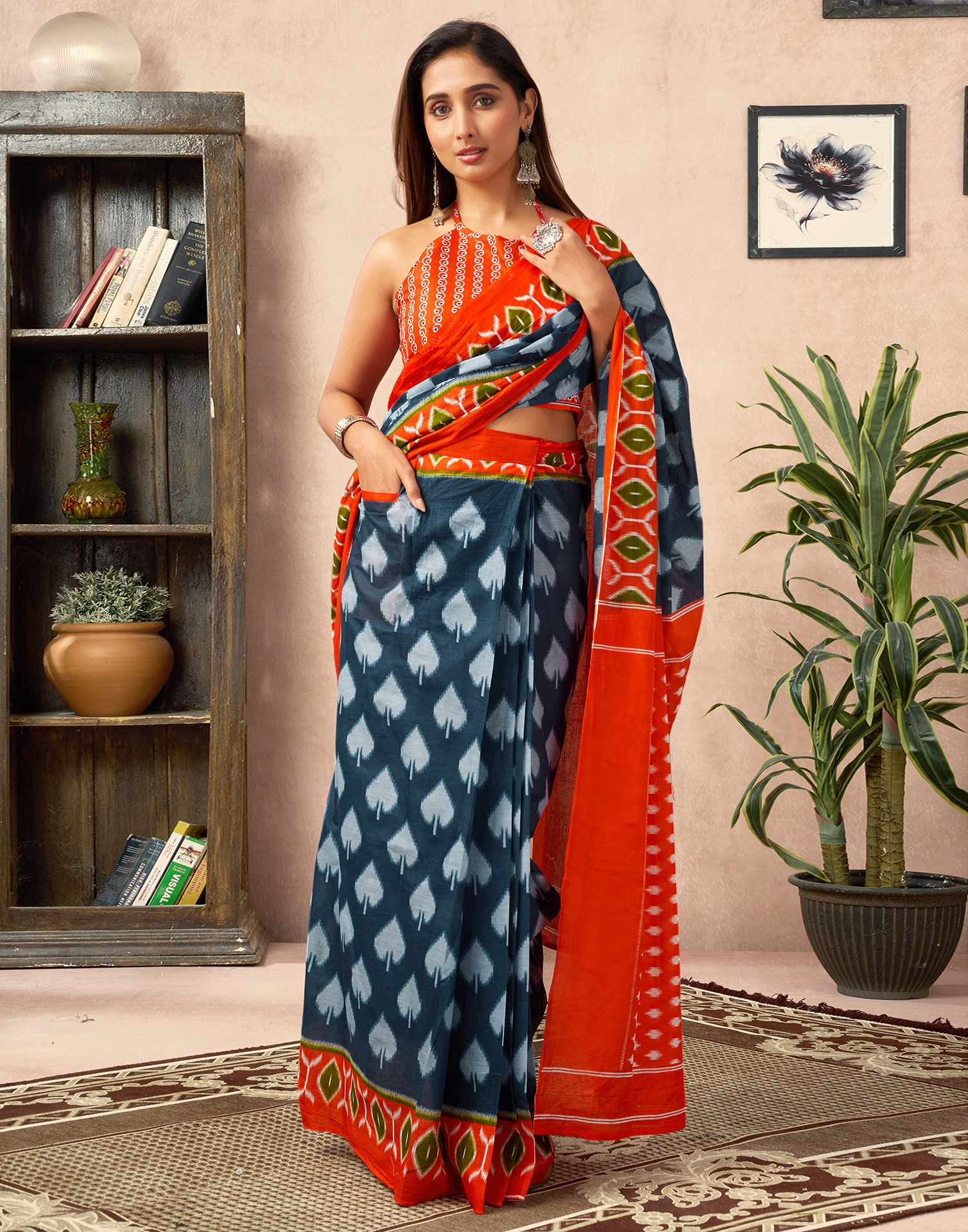 Ready To Wear Dusty Blue Cotton Printed Saree With Pocket - Image 8