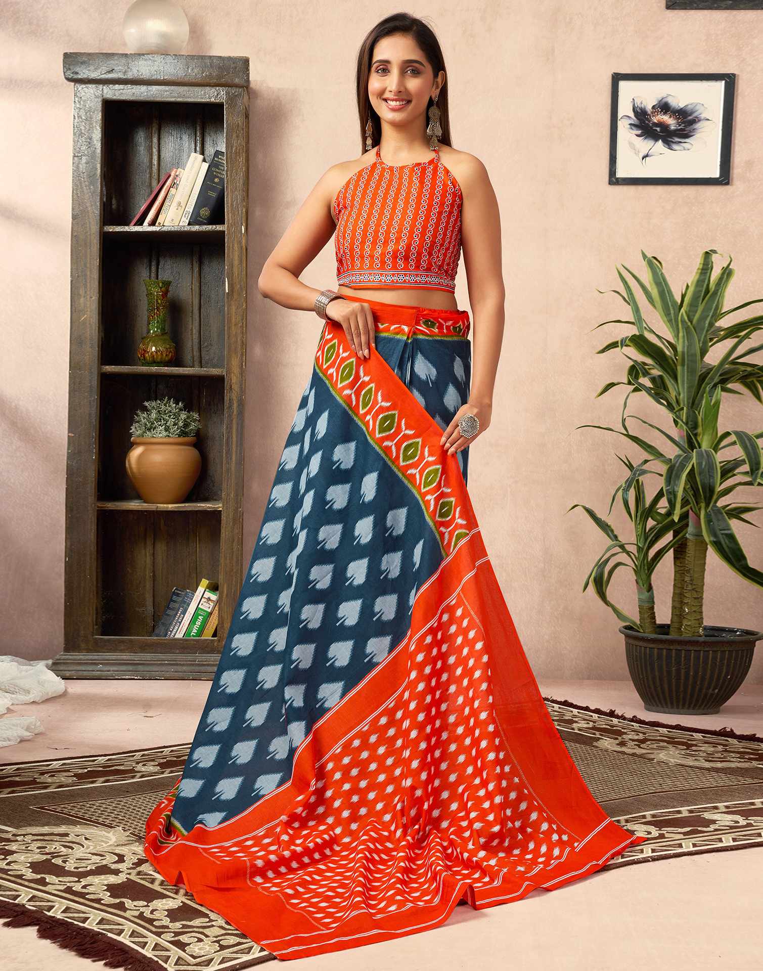 Ready To Wear Dusty Blue Cotton Printed Saree With Pocket - Image 9