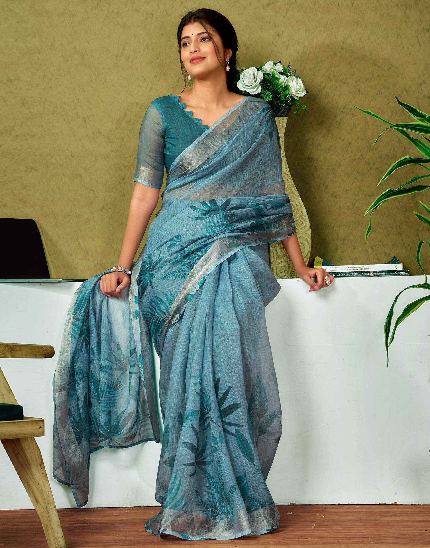Ready To Wear Dusty Blue Linen Printed Saree - Image 5