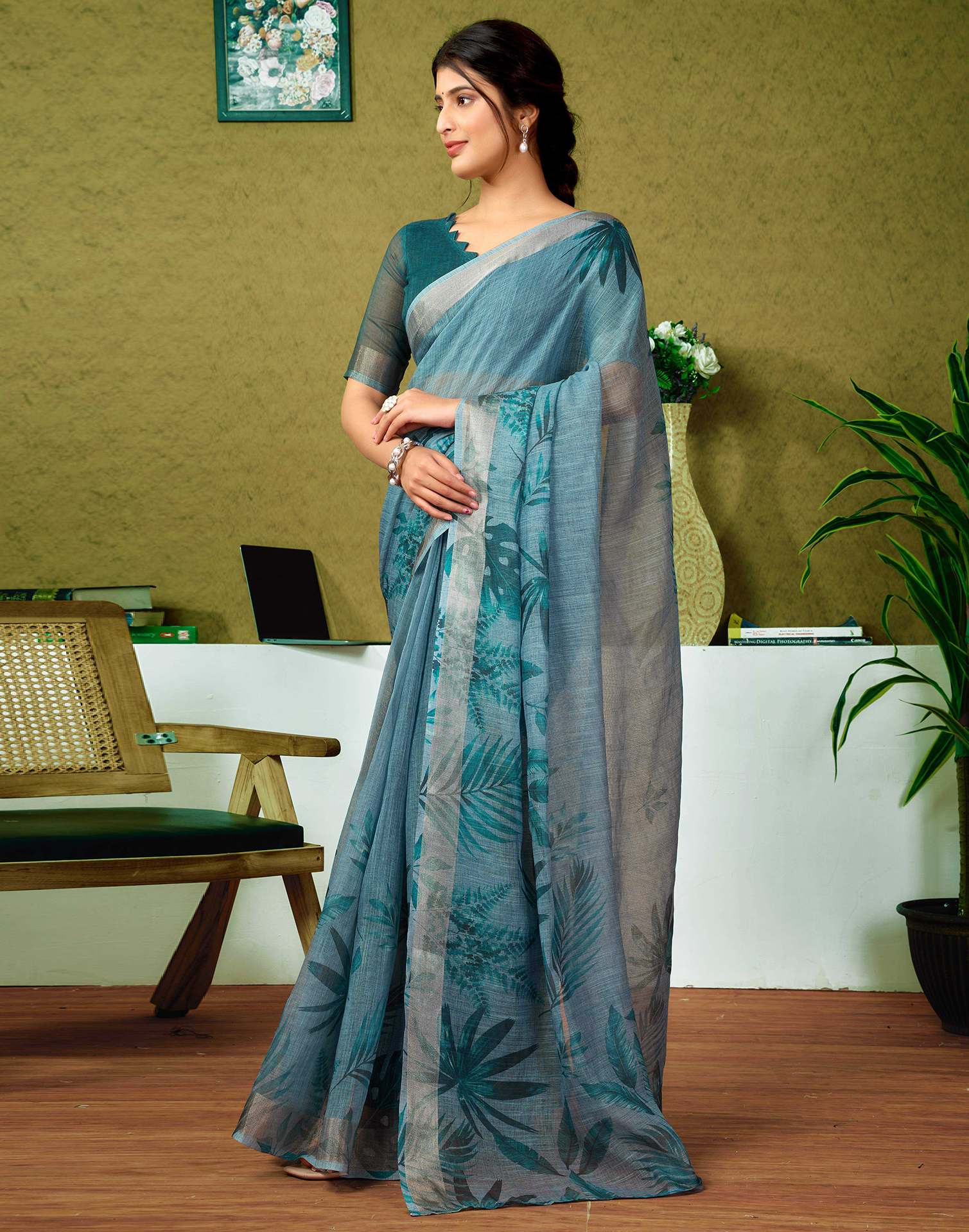 Ready To Wear Dusty Blue Linen Printed Saree - Image 6
