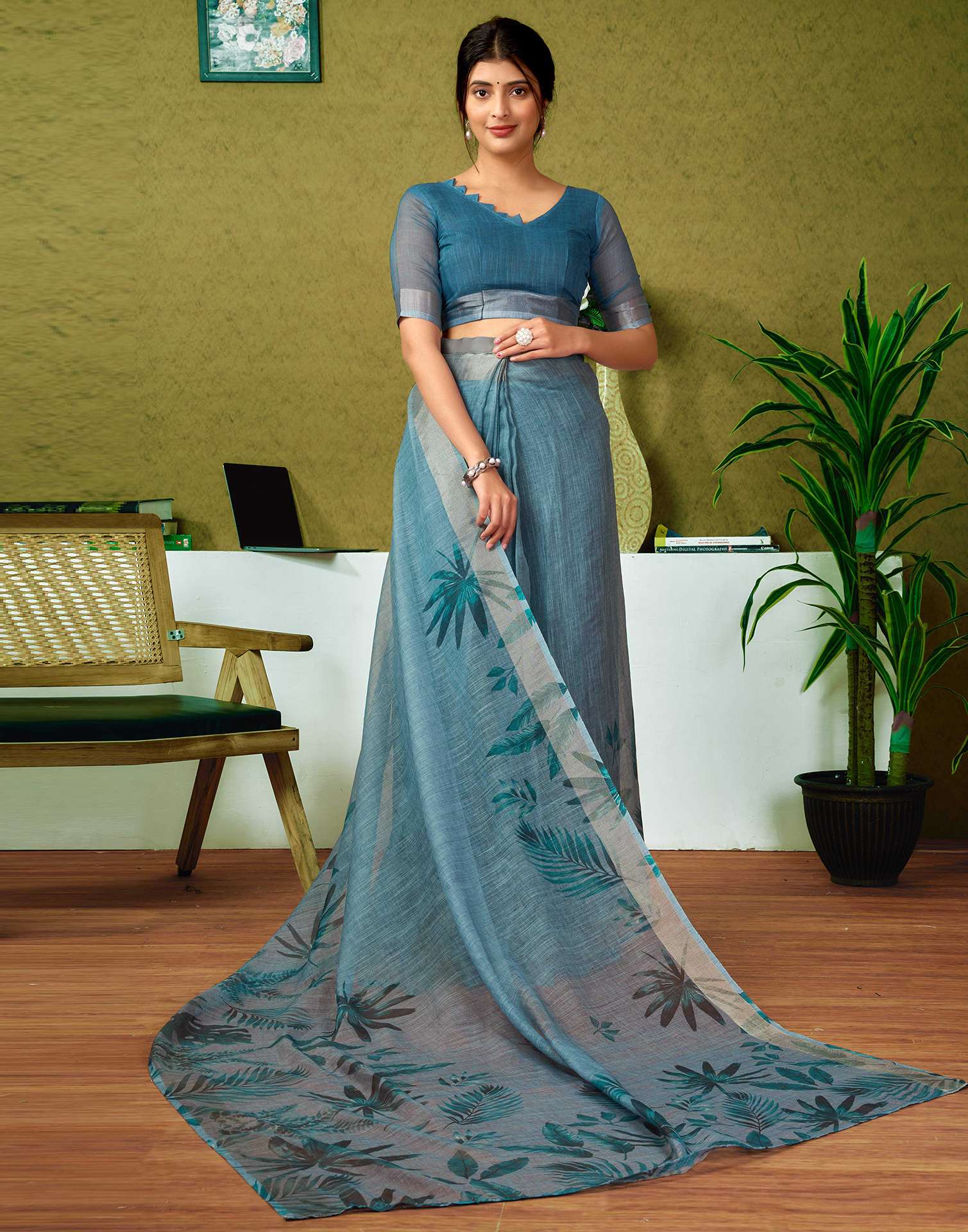 Ready To Wear Dusty Blue Linen Printed Saree - Image 7