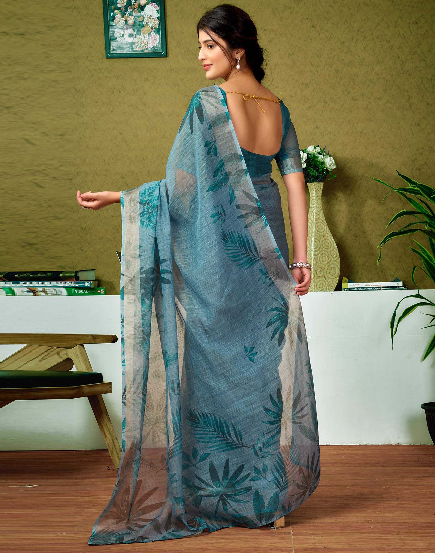 Ready To Wear Dusty Blue Linen Printed Saree - Image 8