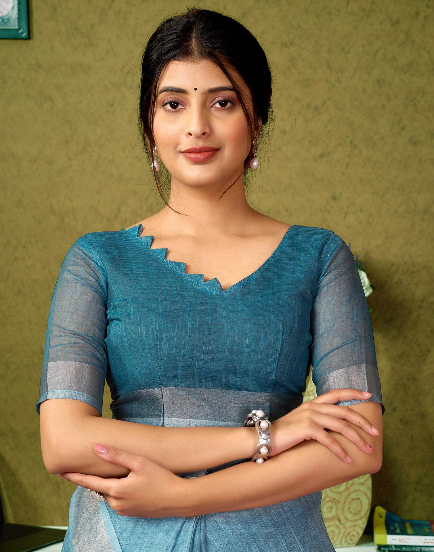 Ready To Wear Dusty Blue Linen Printed Saree - Image 9