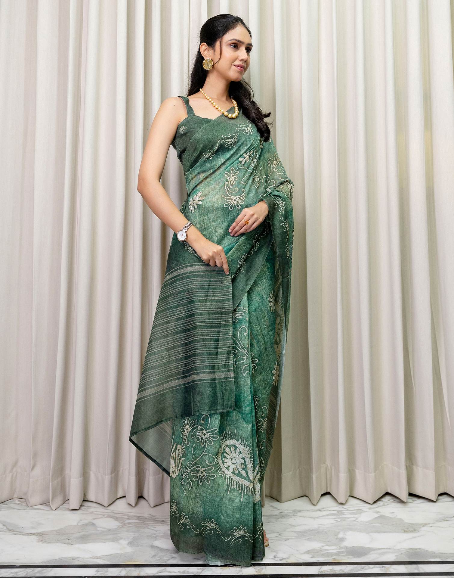 Ready To Wear Dusty Green Cotton Printed Saree - Image 5