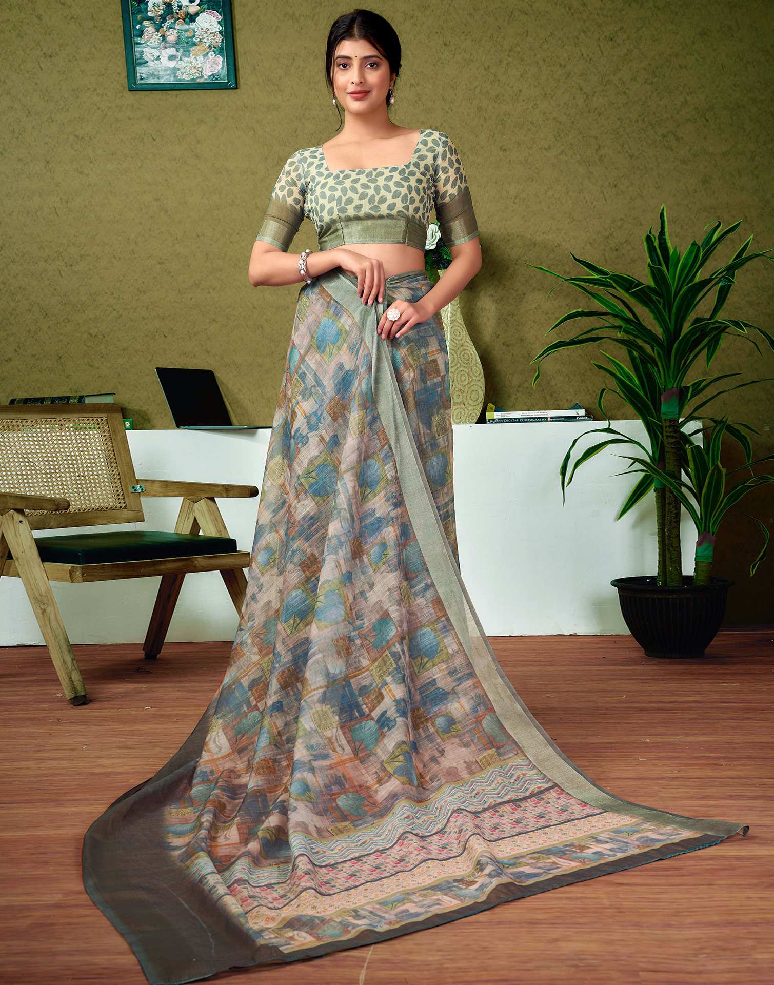 Ready To Wear Dusty Green Printed Linen Saree - Image 6