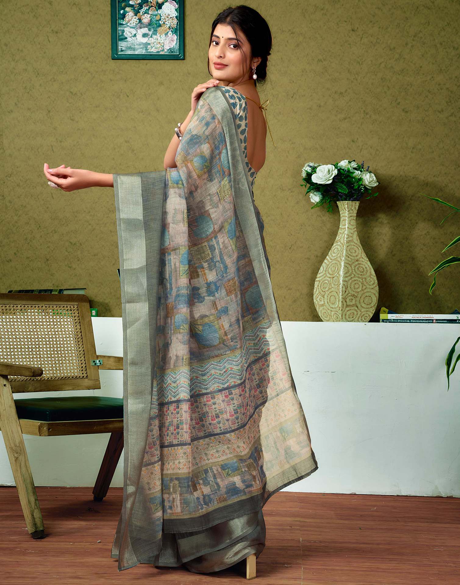 Ready To Wear Dusty Green Printed Linen Saree - Image 7