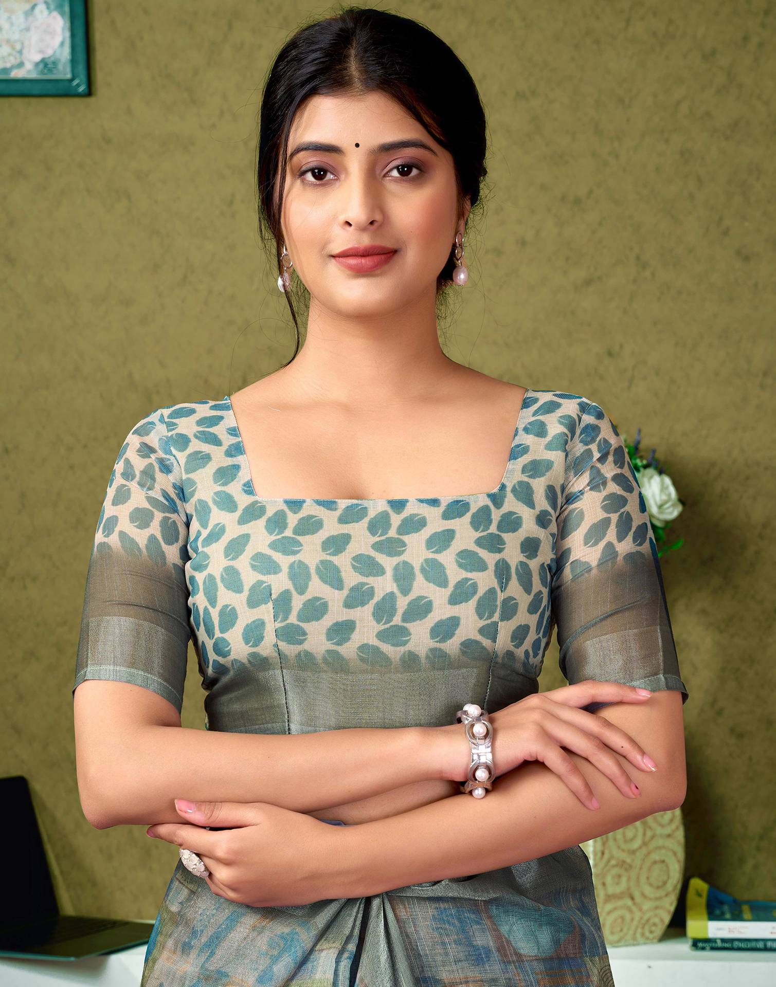 Ready To Wear Dusty Green Printed Linen Saree - Image 8
