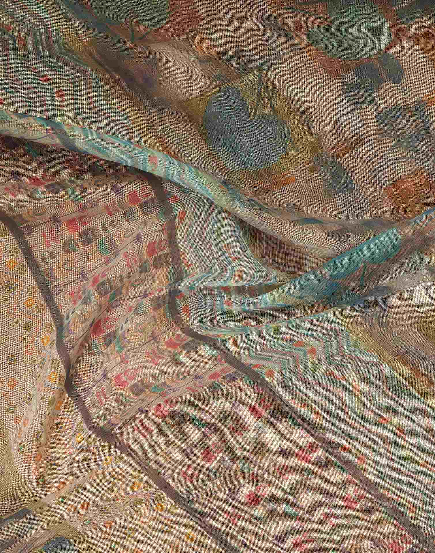 Ready To Wear Dusty Green Printed Linen Saree - Image 9