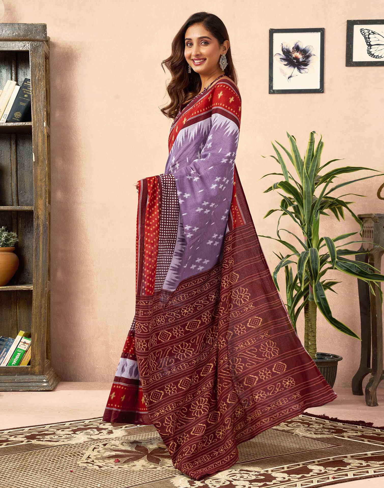Ready To Wear Dusty Lavender Cotton Printed Saree - Image 6