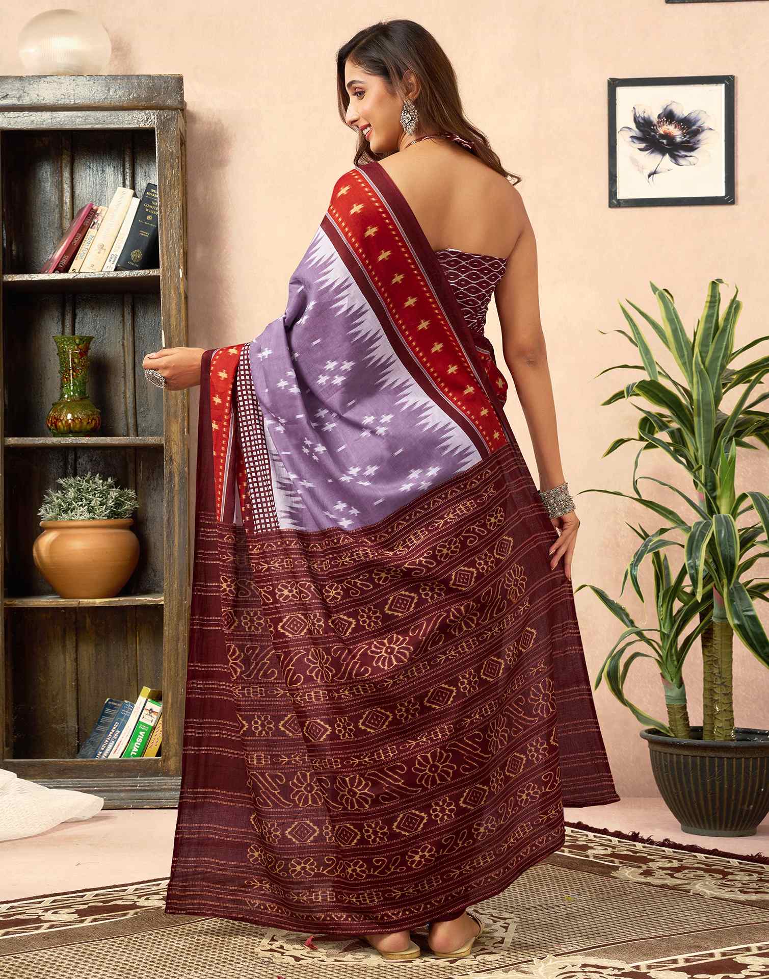Ready To Wear Dusty Lavender Cotton Printed Saree - Image 7