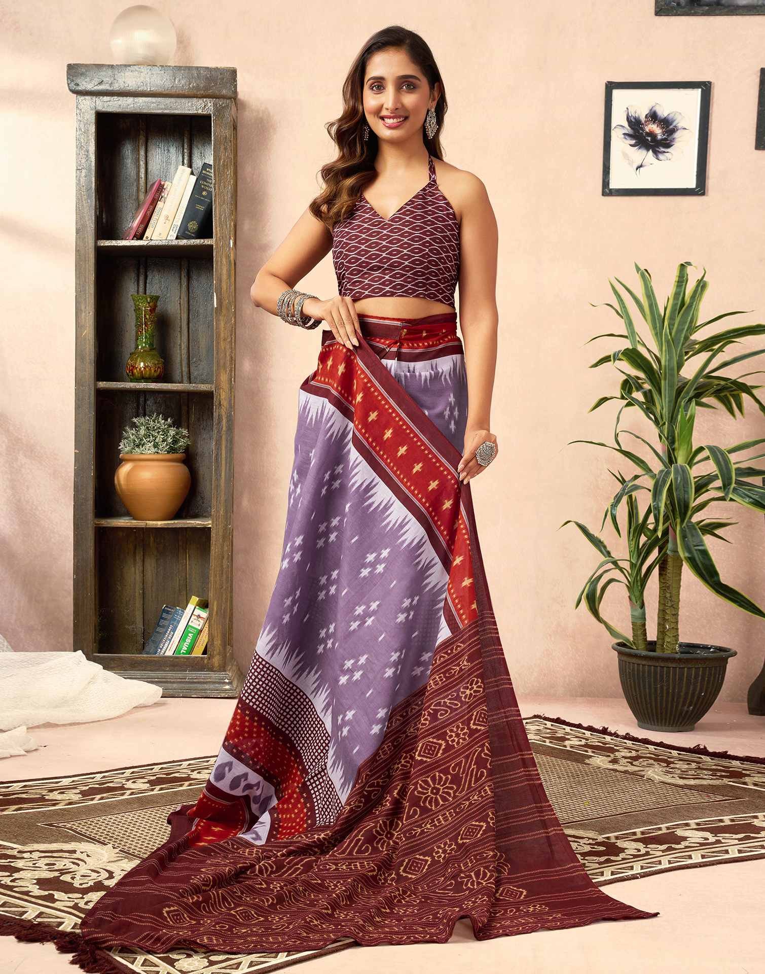 Ready To Wear Dusty Lavender Cotton Printed Saree - Image 8