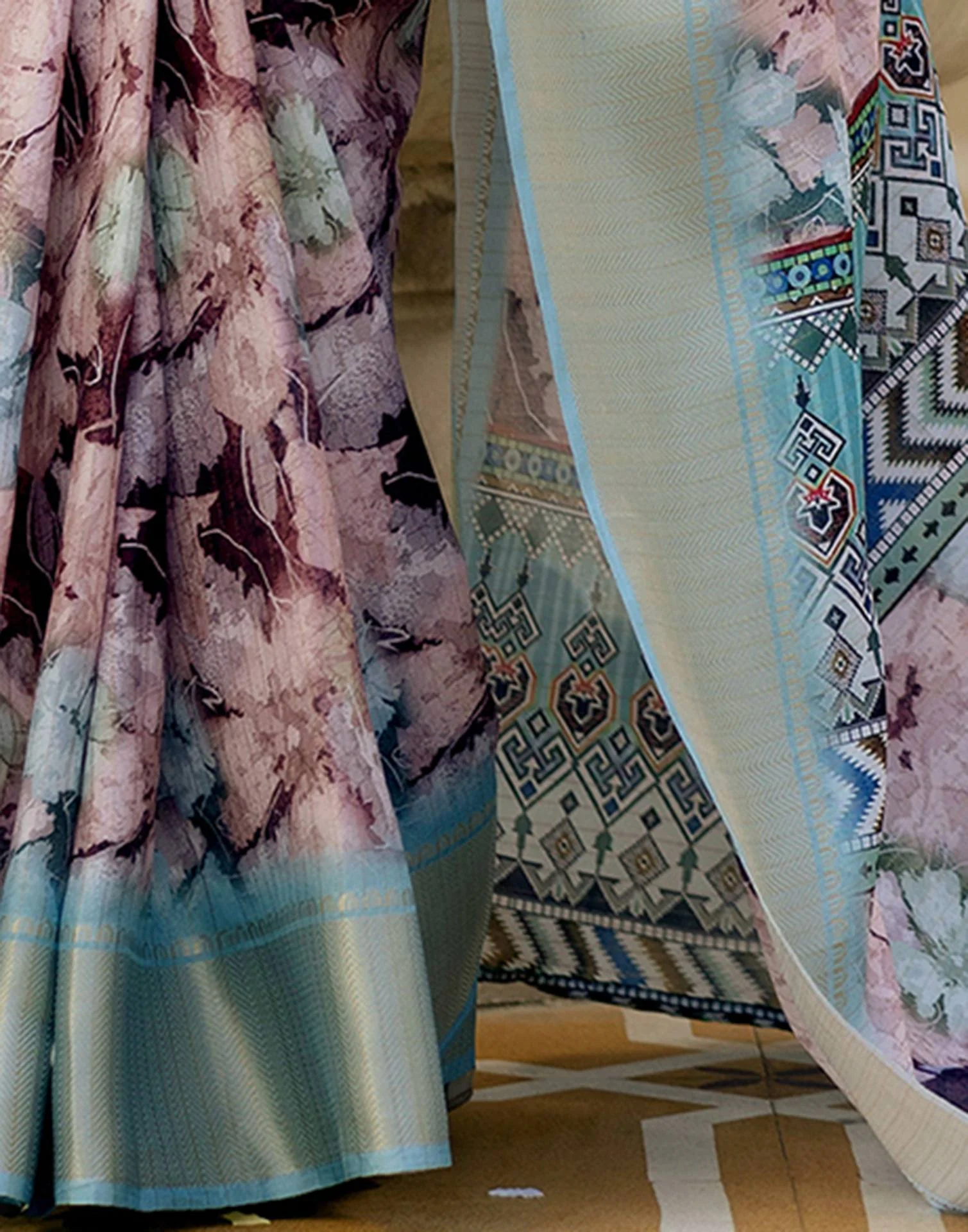 Ready To Wear Dusty Mauve Dola Silk Woven Border Printed Saree - Image 10