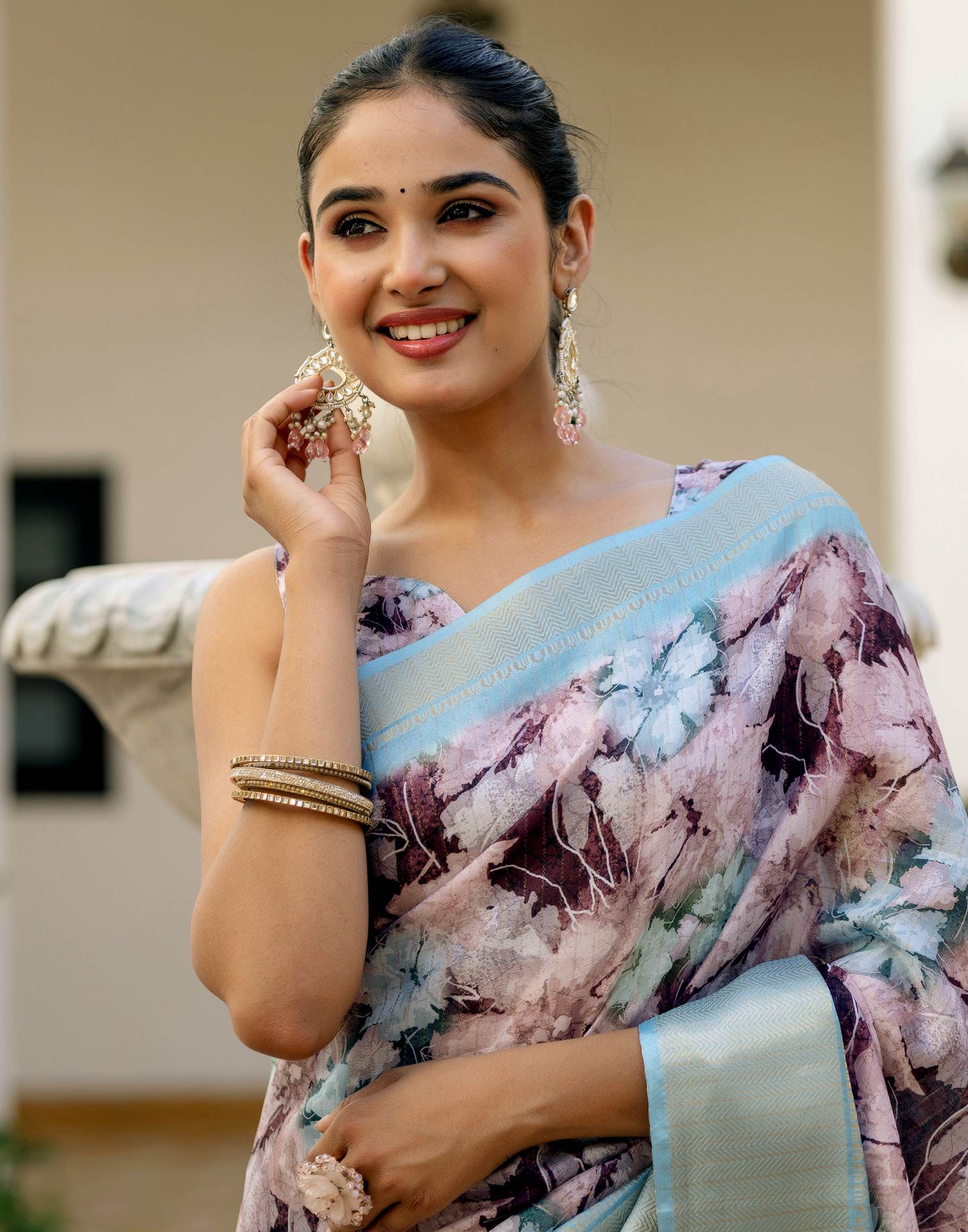 Ready To Wear Dusty Mauve Dola Silk Woven Border Printed Saree - Image 4