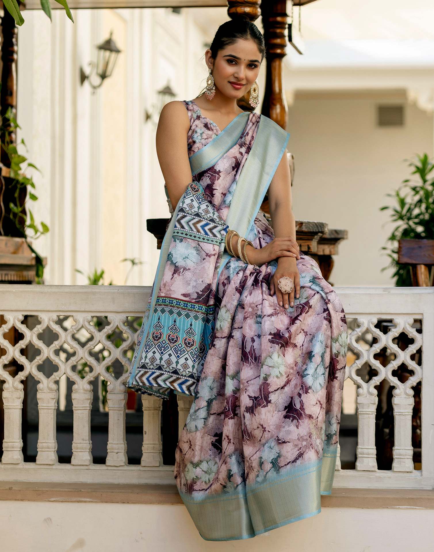 Ready To Wear Dusty Mauve Dola Silk Woven Border Printed Saree - Image 6