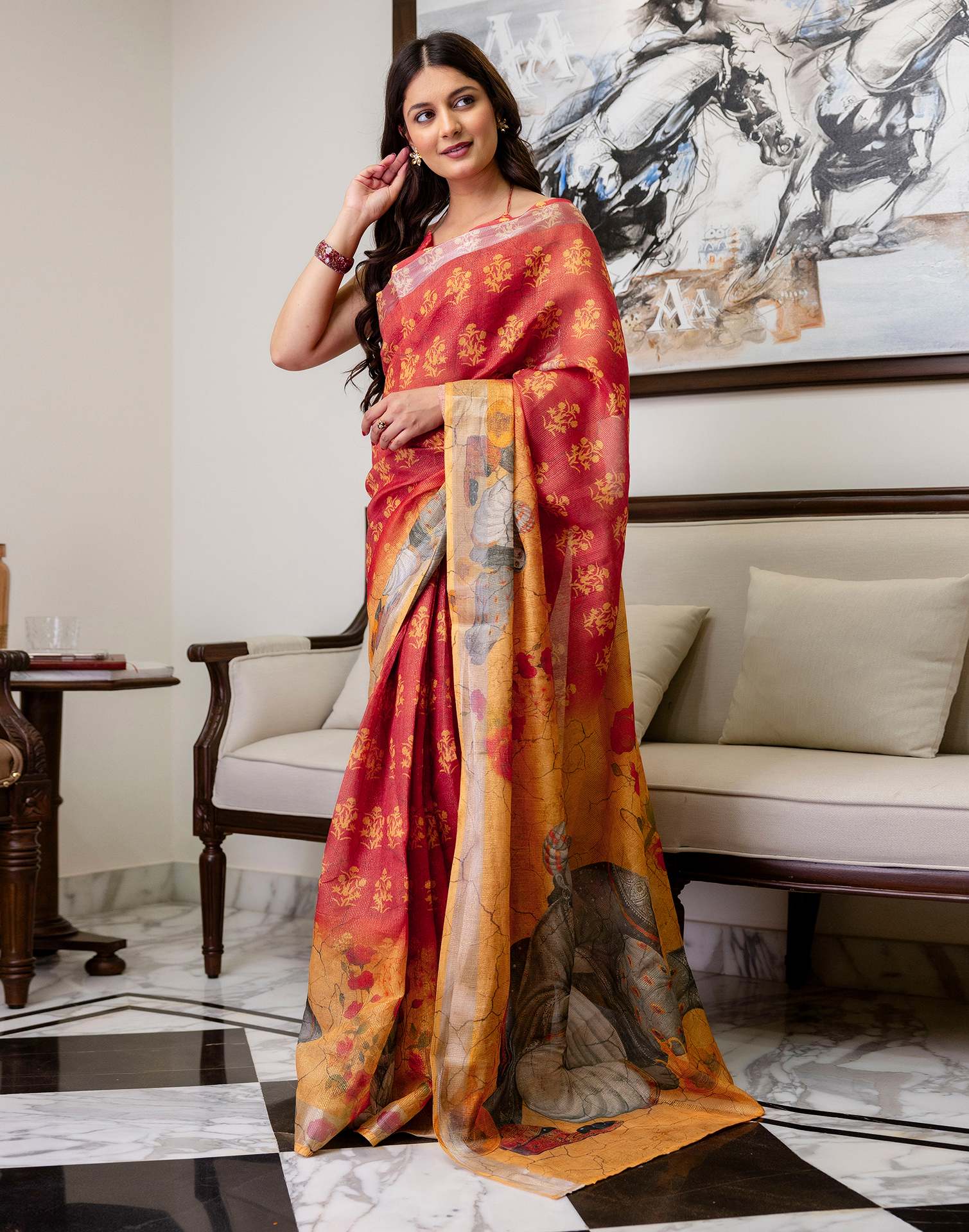 Ready To Wear Dusty Orange Cotton Printed Saree - Image 10