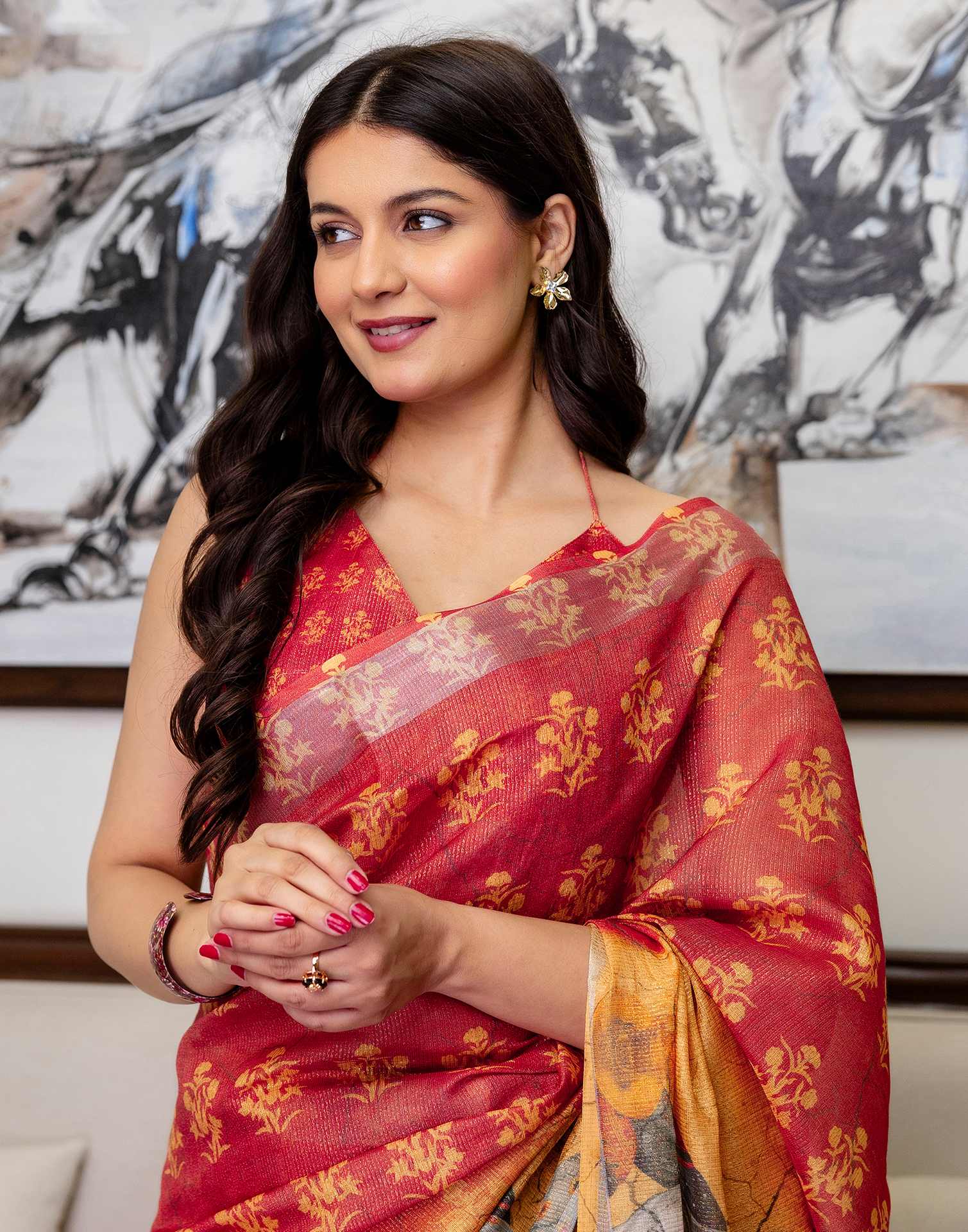 Ready To Wear Dusty Orange Cotton Printed Saree - Image 6