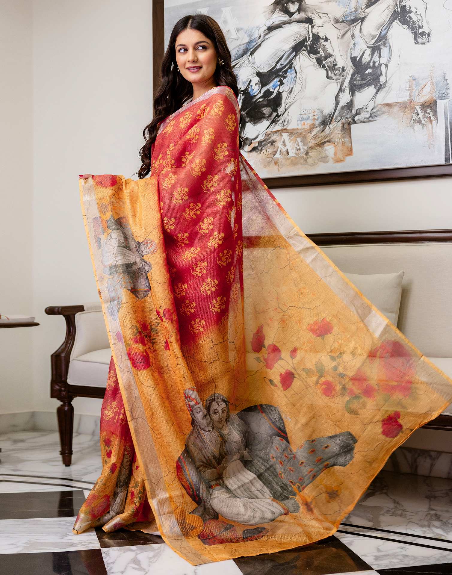 Ready To Wear Dusty Orange Cotton Printed Saree - Image 7