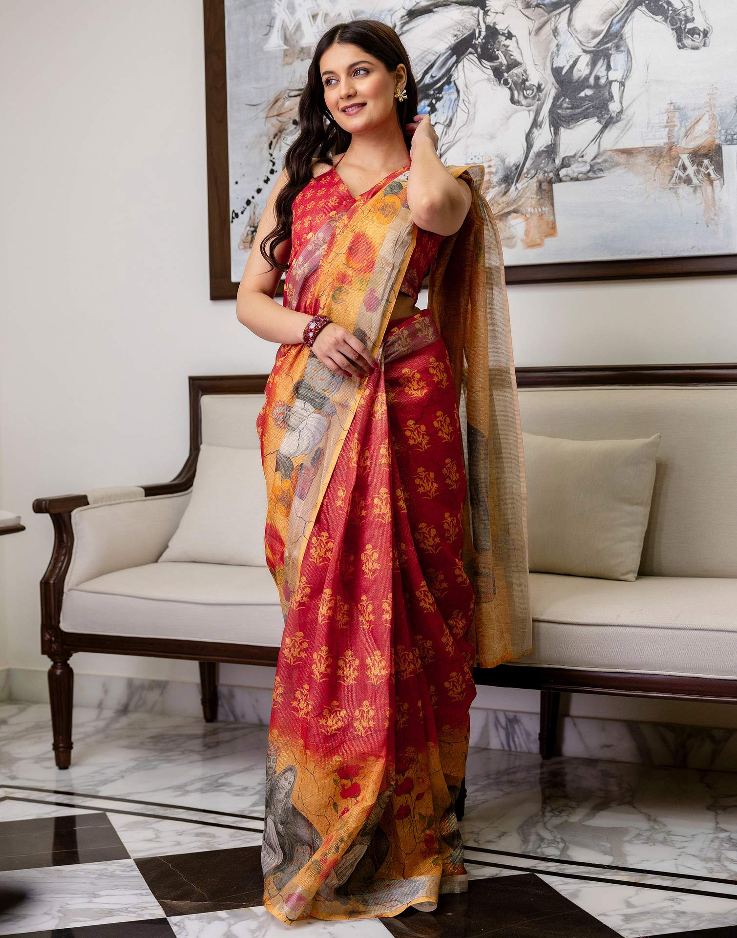 Ready To Wear Dusty Orange Cotton Printed Saree - Image 8