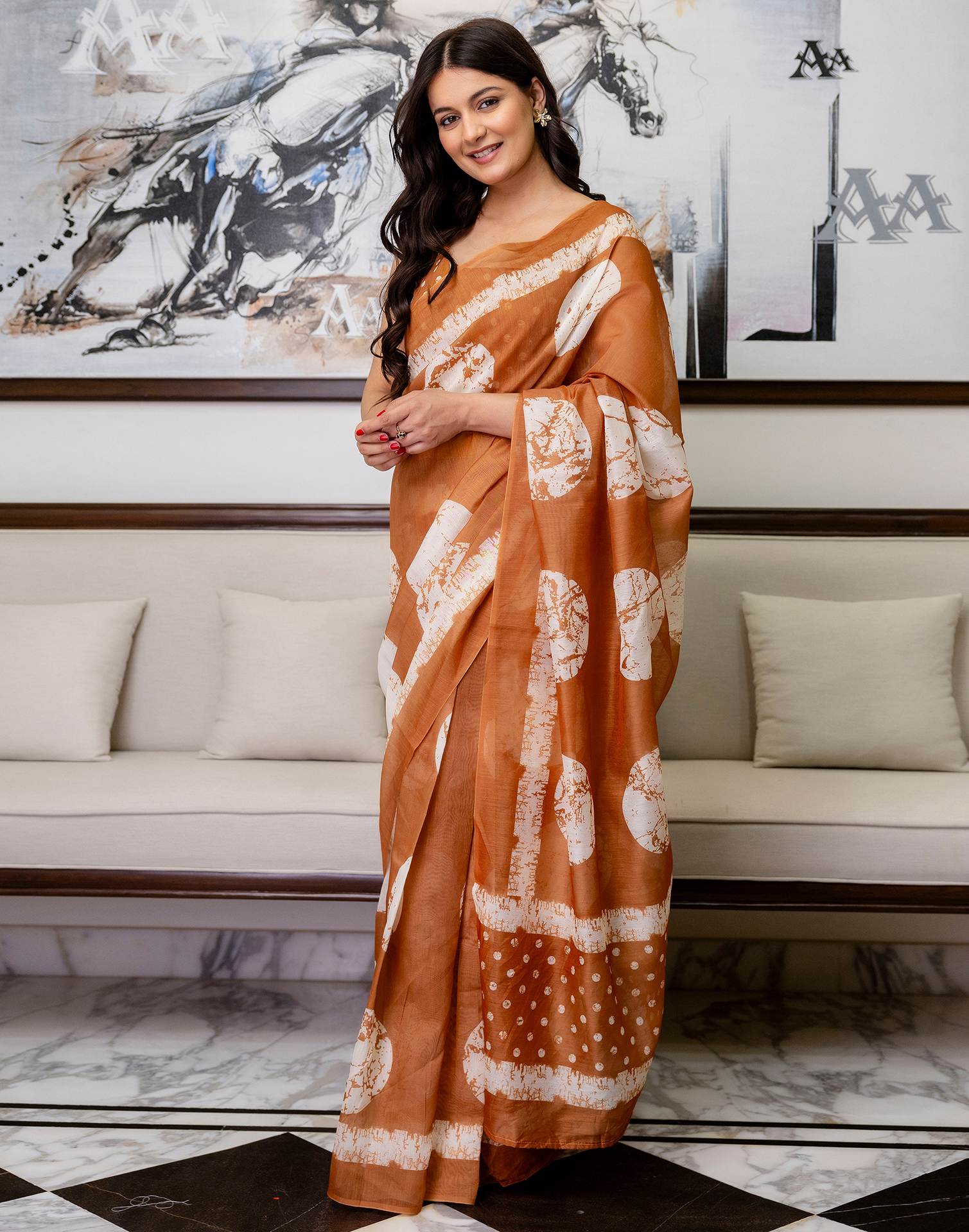 Ready To Wear Dusty Orange Linen Printed Saree - Image 6