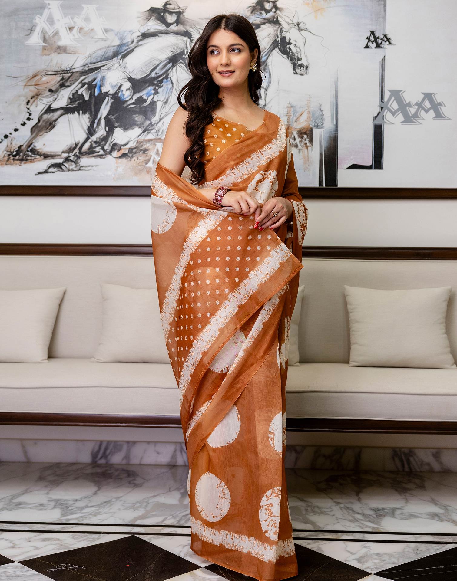 Ready To Wear Dusty Orange Linen Printed Saree - Image 7