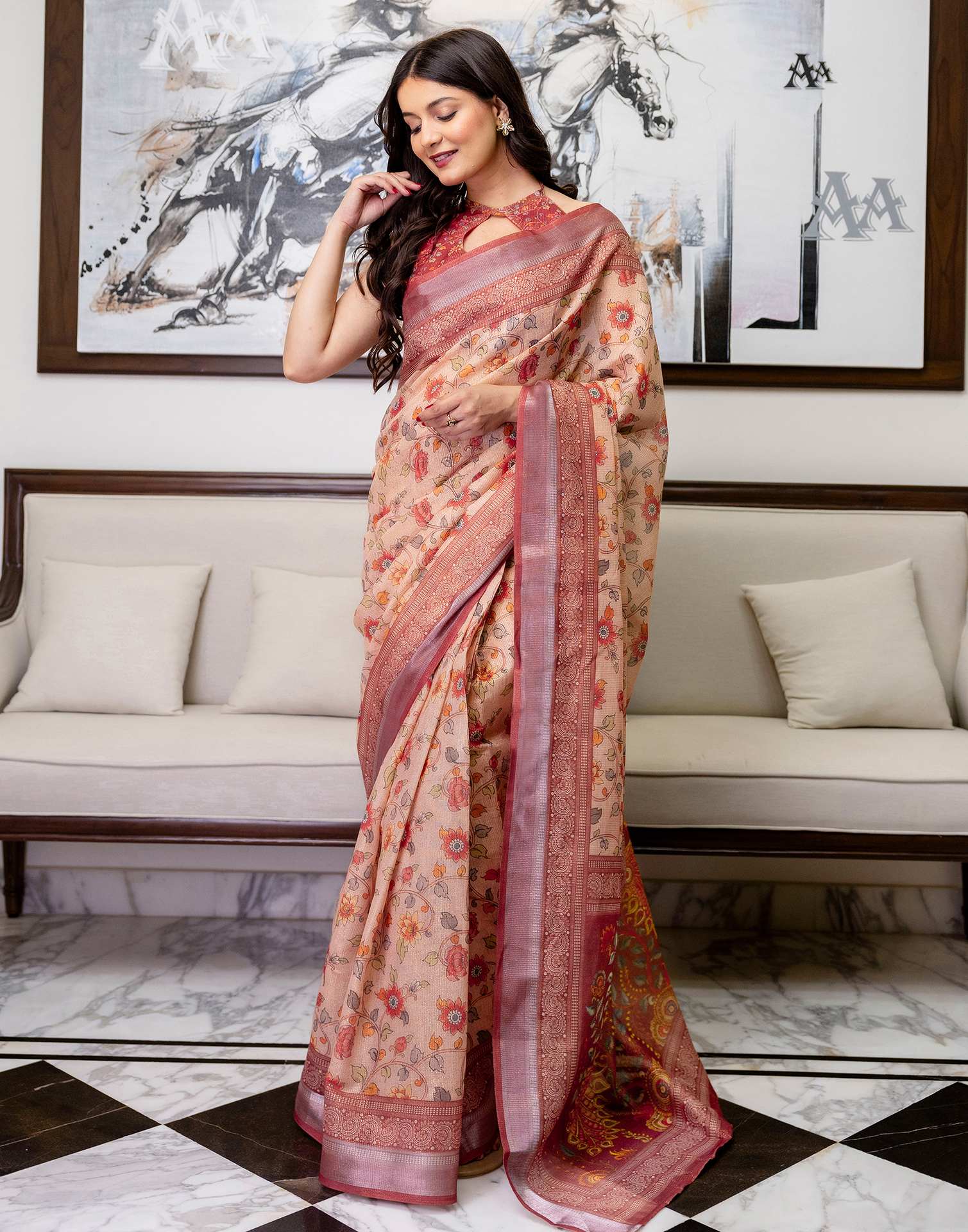 Ready To Wear Dusty Peach Cotton Printed Saree - Image 2