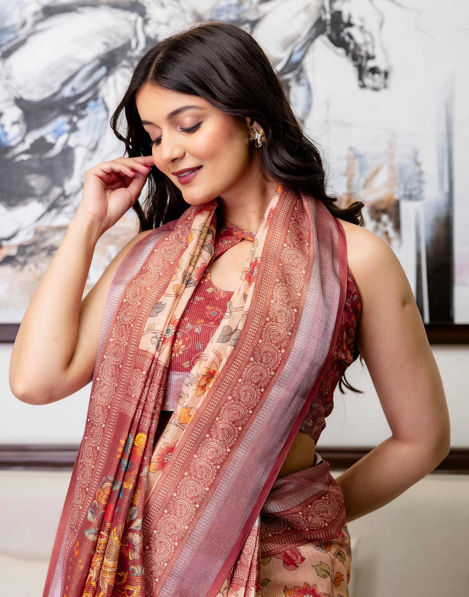 Ready To Wear Dusty Peach Cotton Printed Saree - Image 5