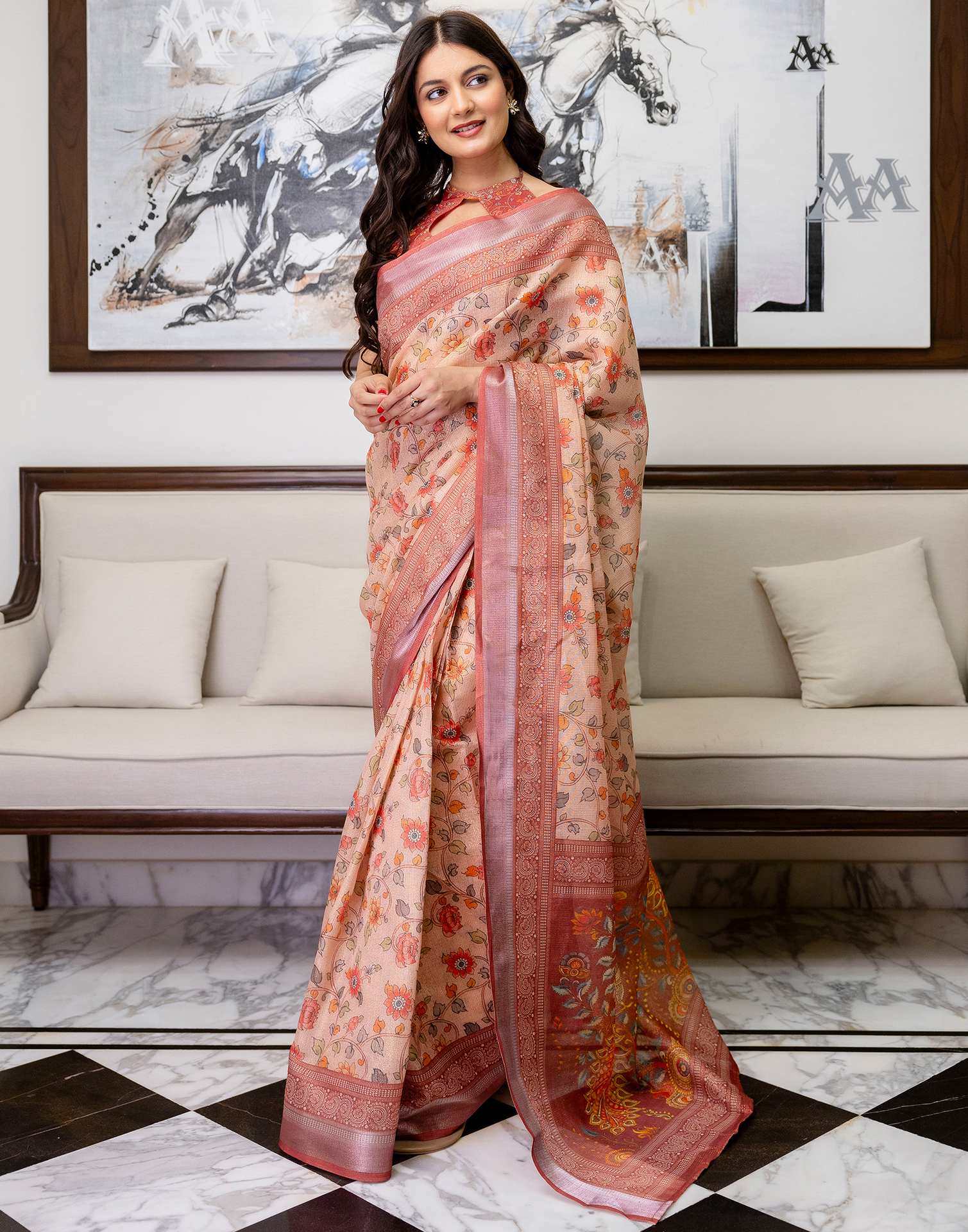Ready To Wear Dusty Peach Cotton Printed Saree - Image 6