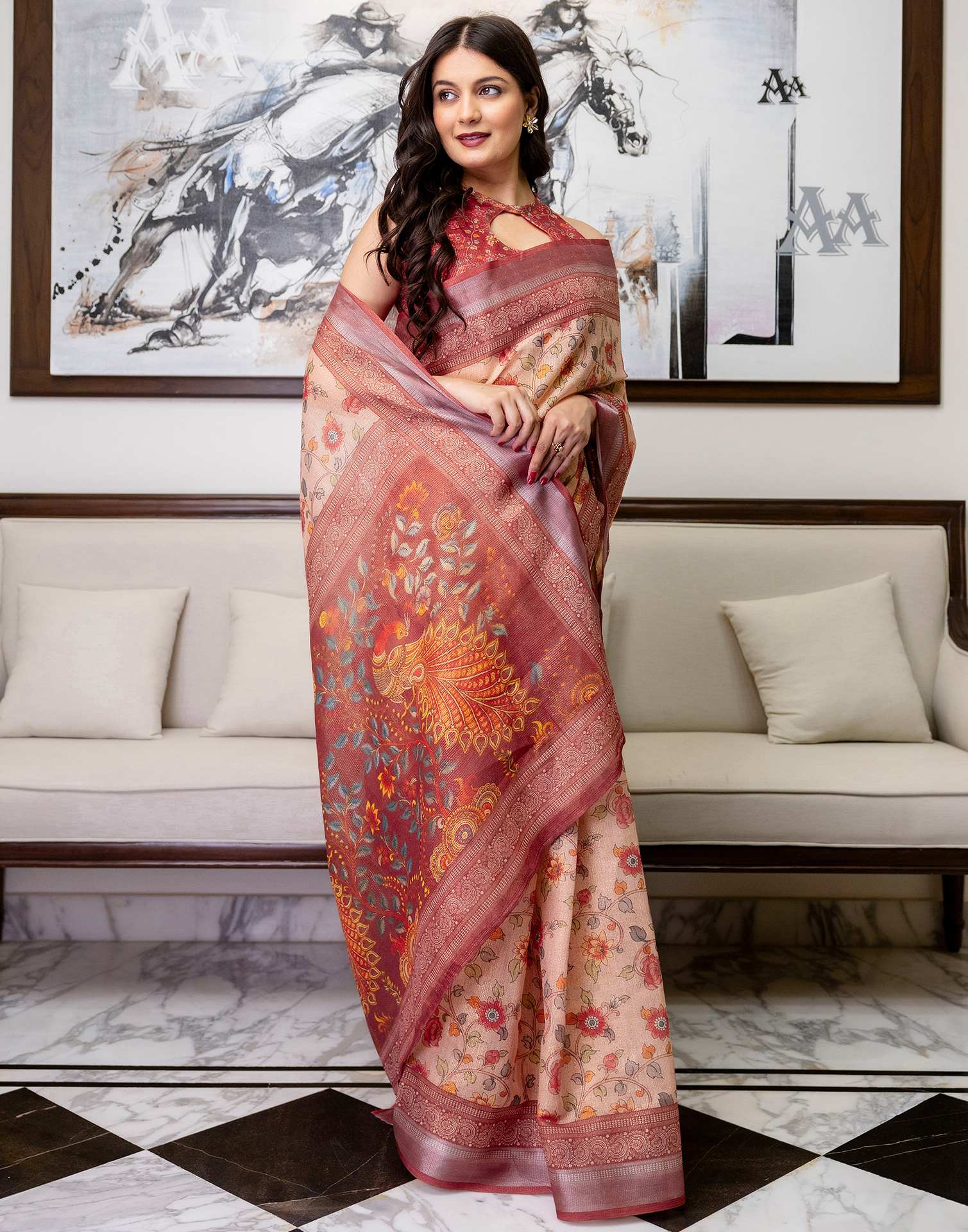 Ready To Wear Dusty Peach Cotton Printed Saree - Image 7