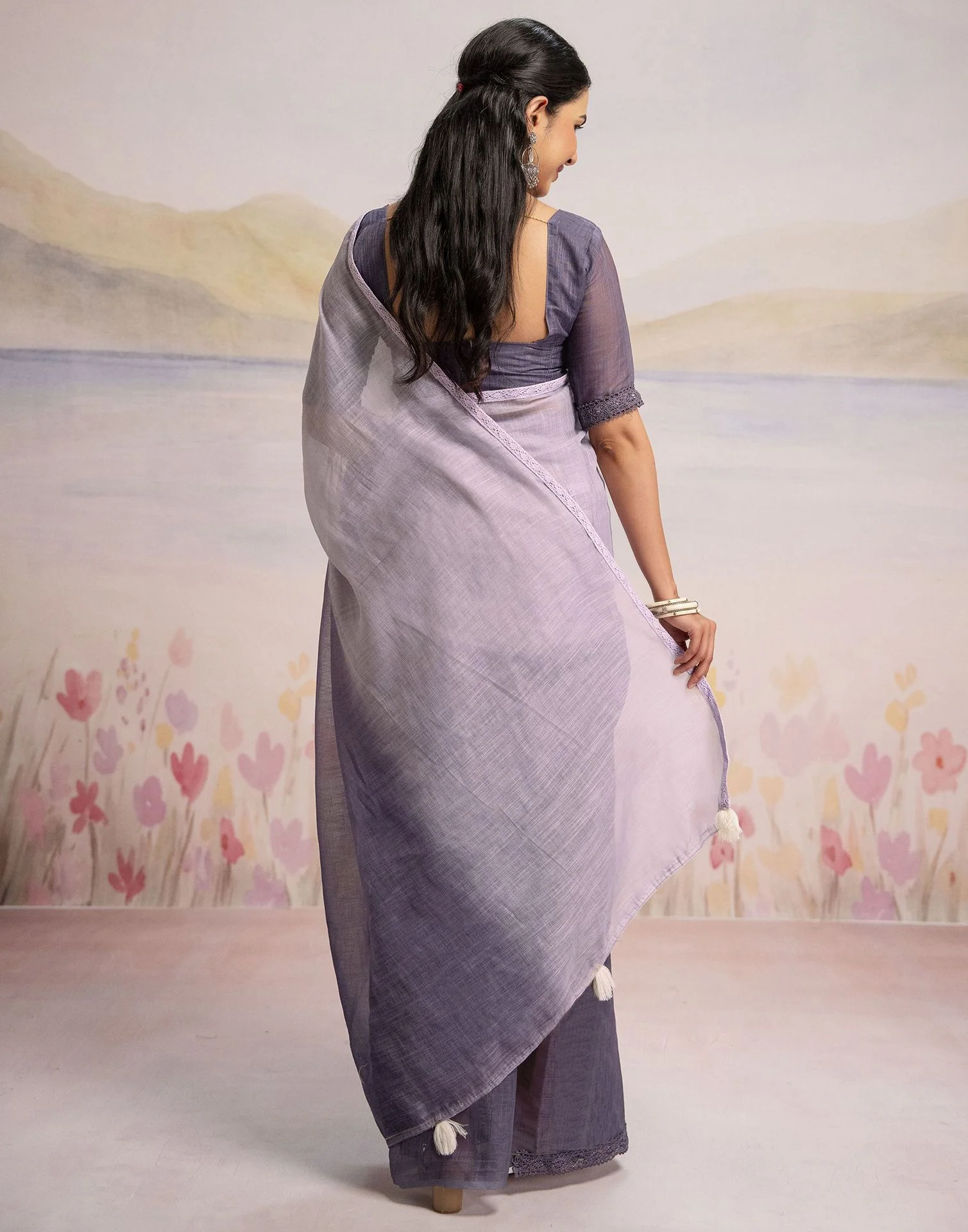 Ready To Wear Dusty Purple Linen Ombre Lace Saree With Pocket - Image 7