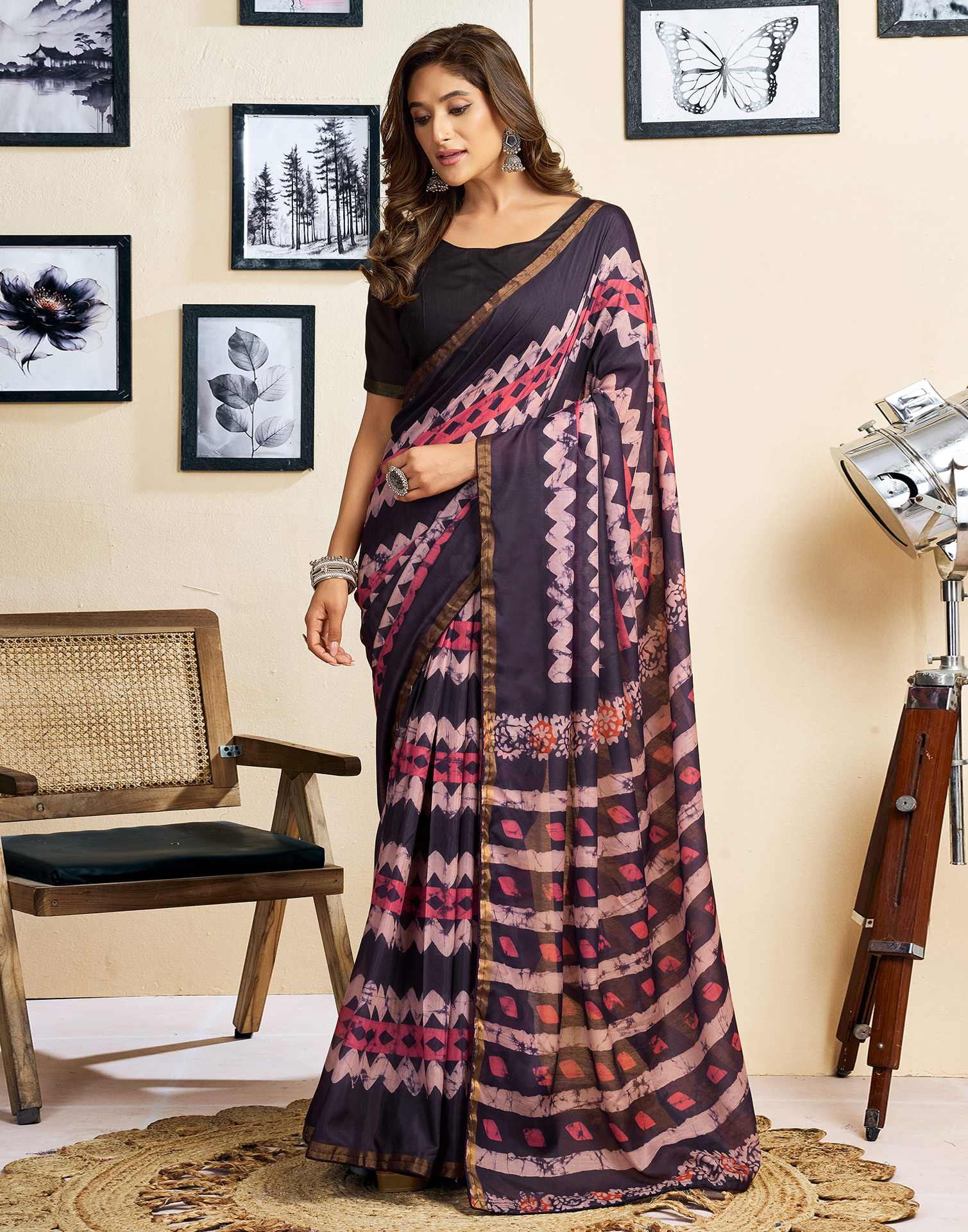Ready To Wear Dusty Purple Linen Printed Saree - Image 5