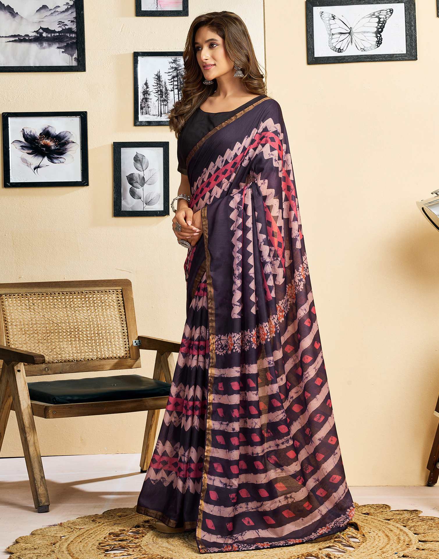 Ready To Wear Dusty Purple Linen Printed Saree - Image 6
