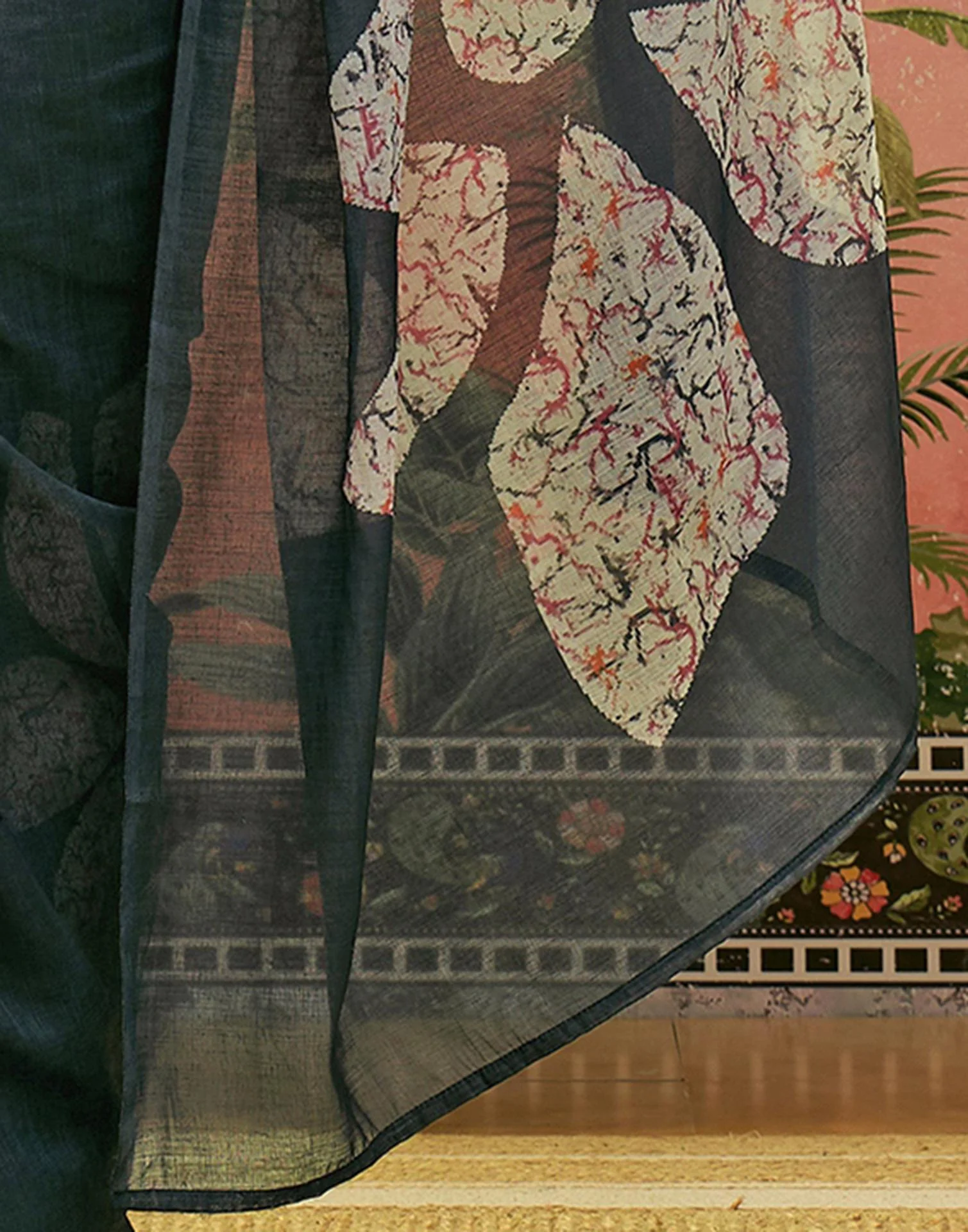 Ready To Wear Dusty Rama Blue Linen Cotton Printed Saree - Image 10
