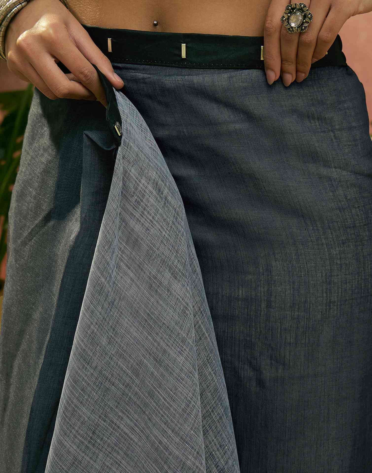 Ready To Wear Dusty Rama Blue Linen Cotton Printed Saree - Image 2