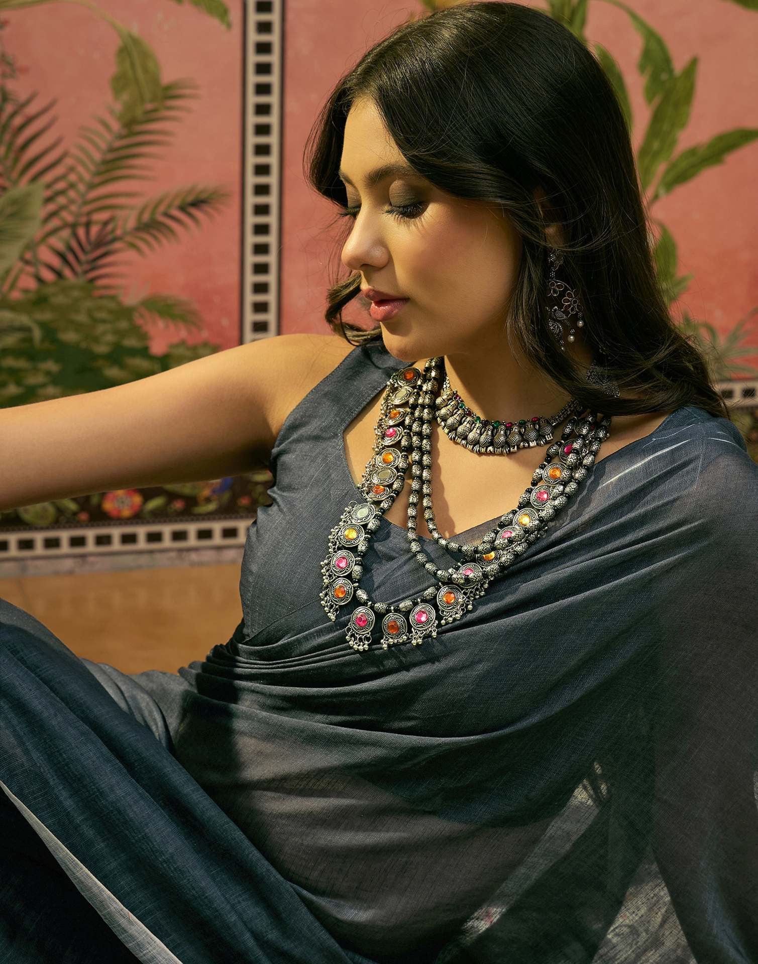 Ready To Wear Dusty Rama Blue Linen Cotton Printed Saree - Image 4