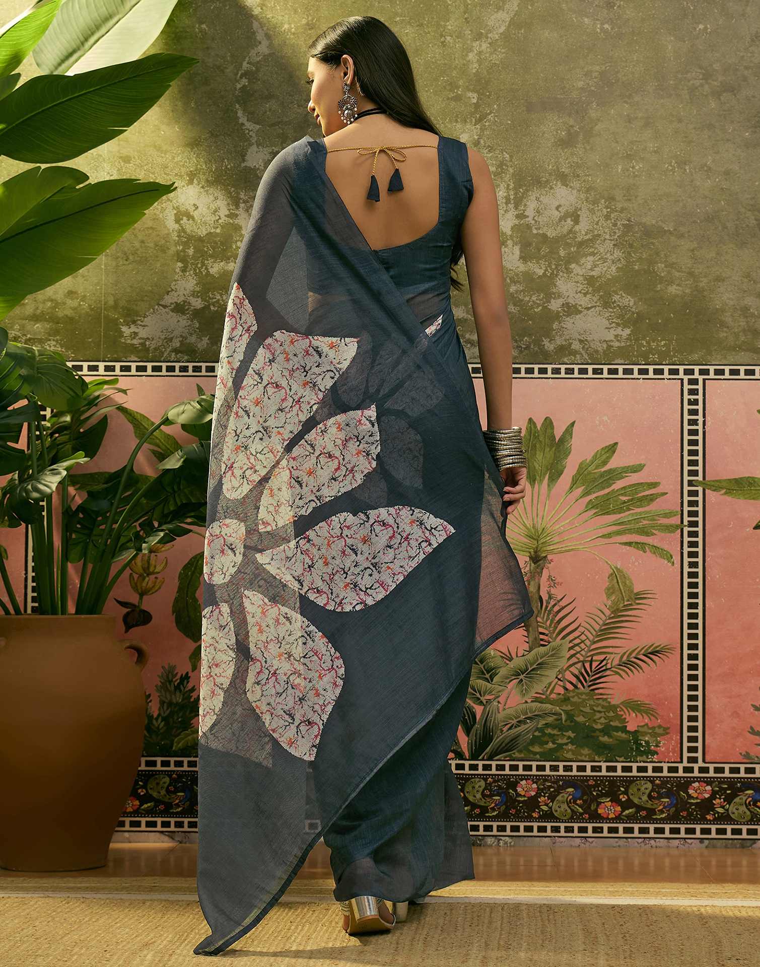 Ready To Wear Dusty Rama Blue Linen Cotton Printed Saree - Image 7