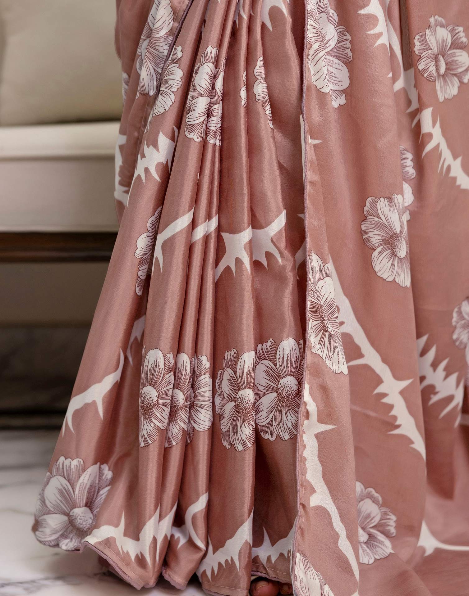 Ready To Wear Dusty Rose Pink Chinnon Floral Printed Saree - Image 10