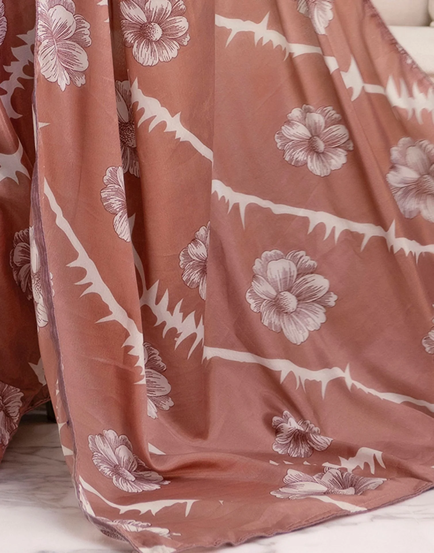 Ready To Wear Dusty Rose Pink Chinnon Floral Printed Saree - Image 11